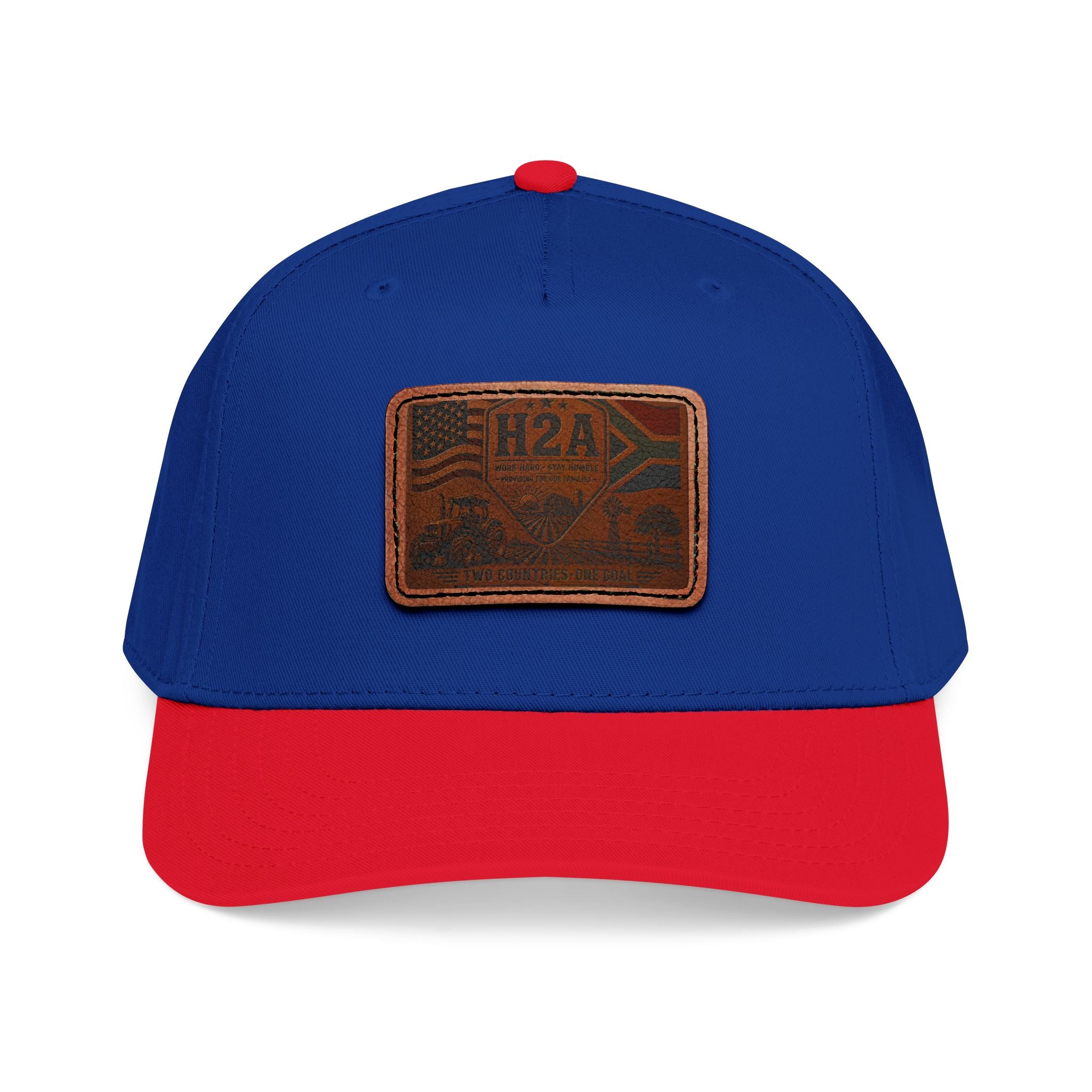 Mid-profile baseball cap in royal blue with red brim and rectangular leather H2A patch