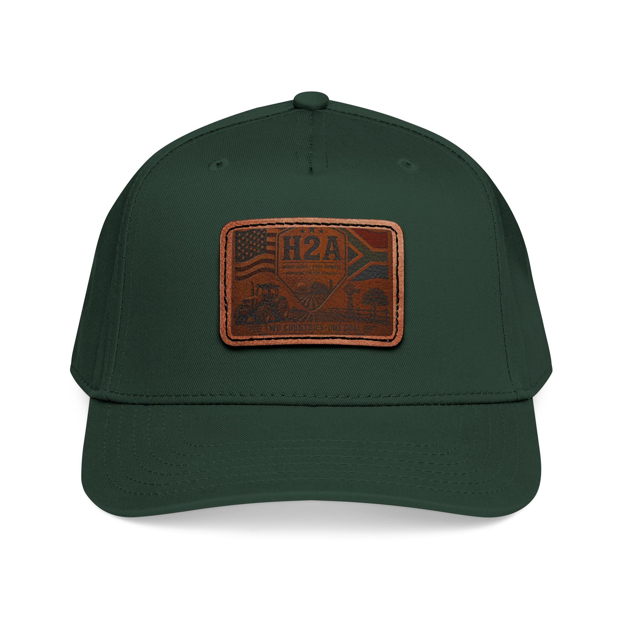 Mid-profile baseball cap in dark green with rectangular leather H2A patch