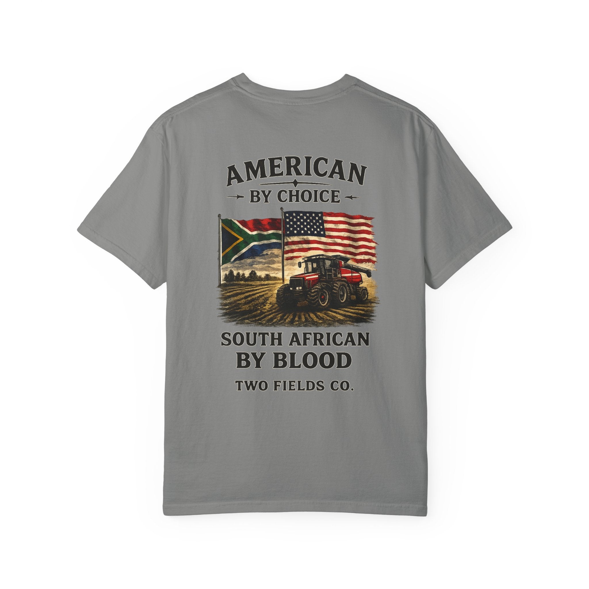 Gray graphic T-shirt with American by Choice South African by Blood text and emblem