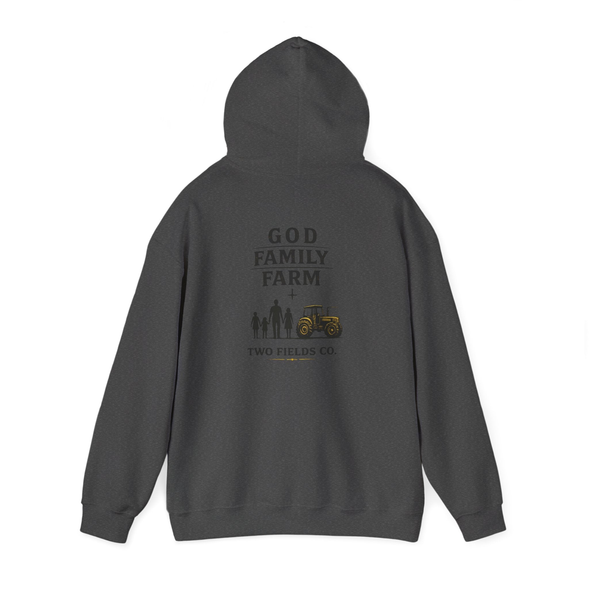 Charcoal hoodie with back print reading "God Family Farm" and tractor graphic