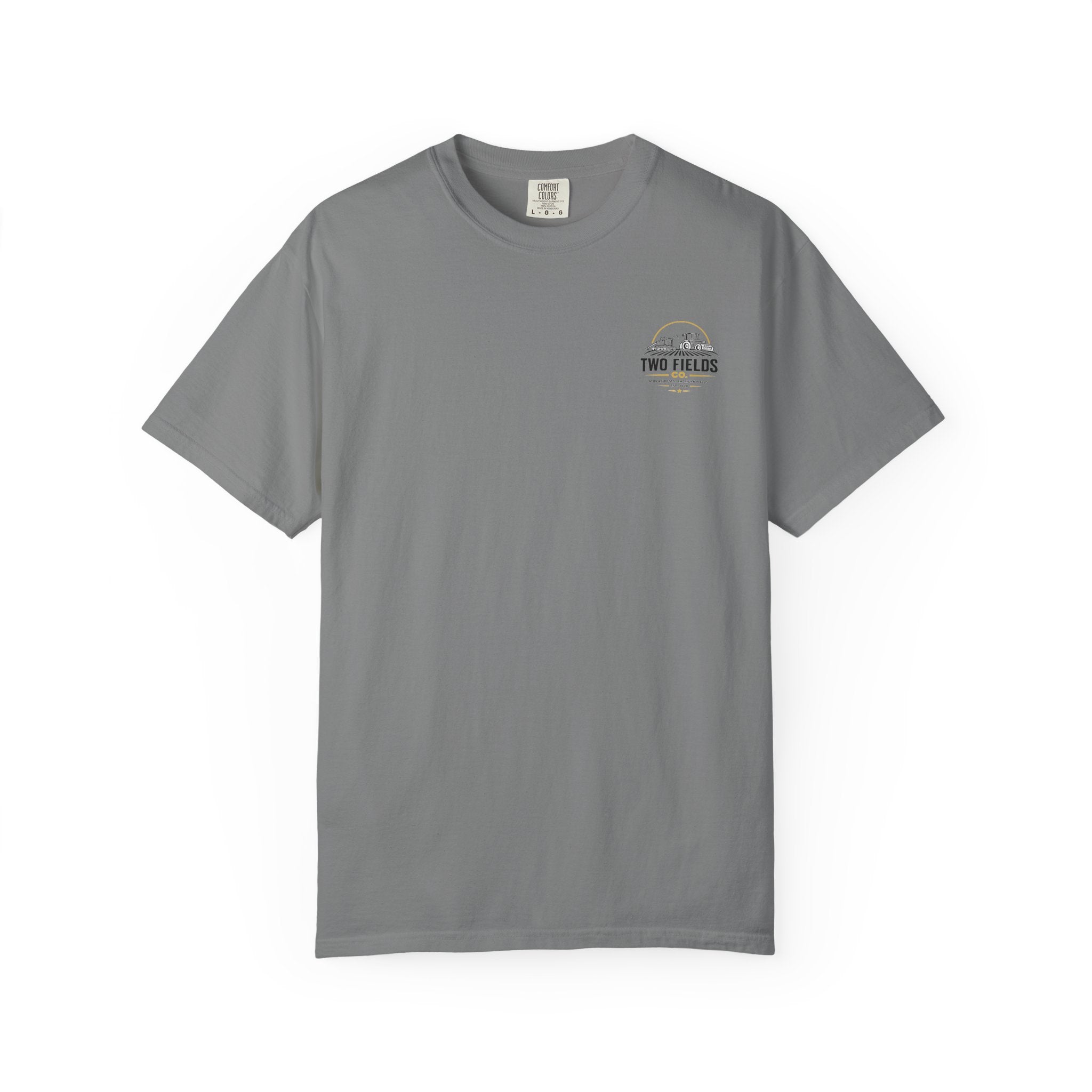 Charcoal gray T-shirt with small “Two Fields Co.” chest logo