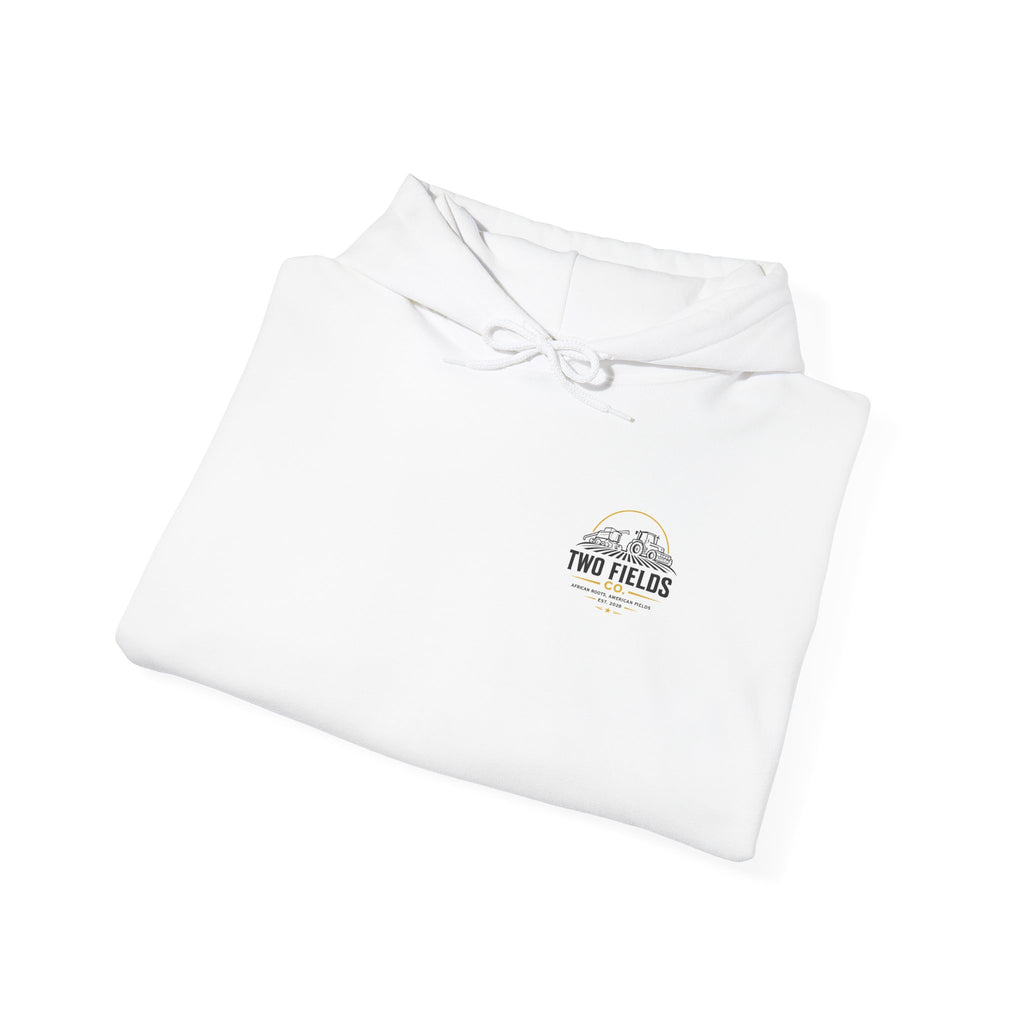 White pullover hoodie folded flat with drawstring hood and small chest logo