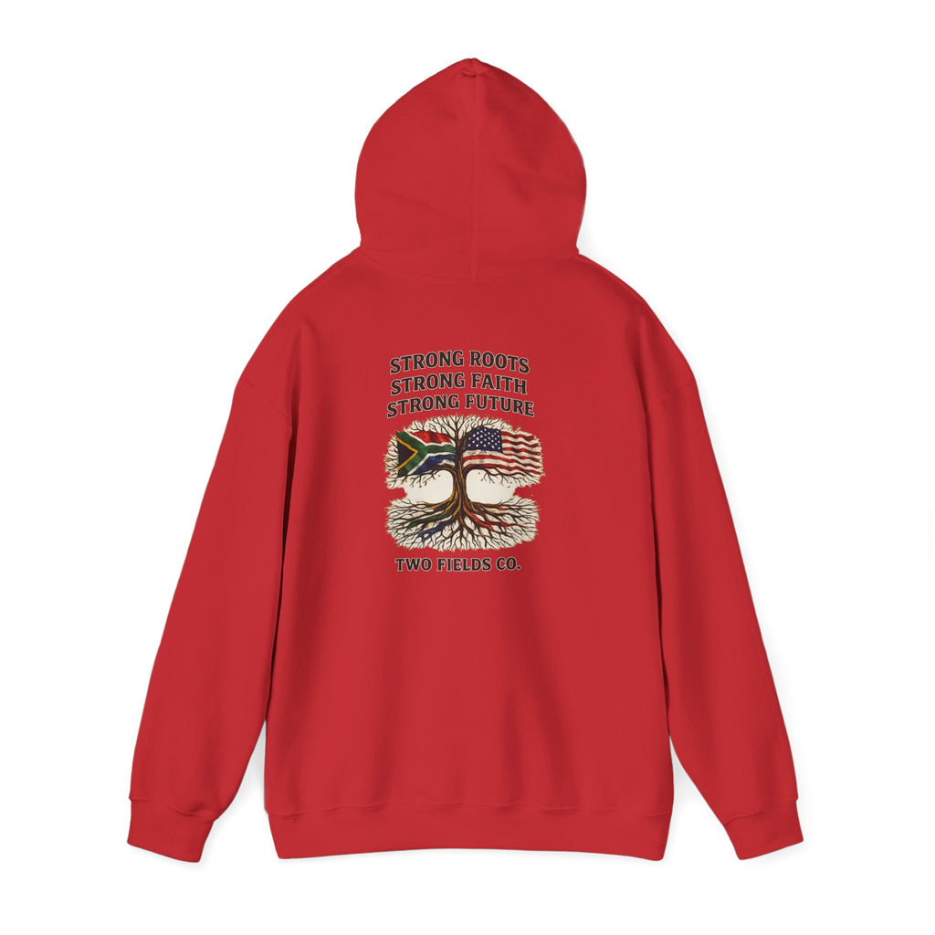 Red pullover hoodie with hood and back graphic print, long sleeves