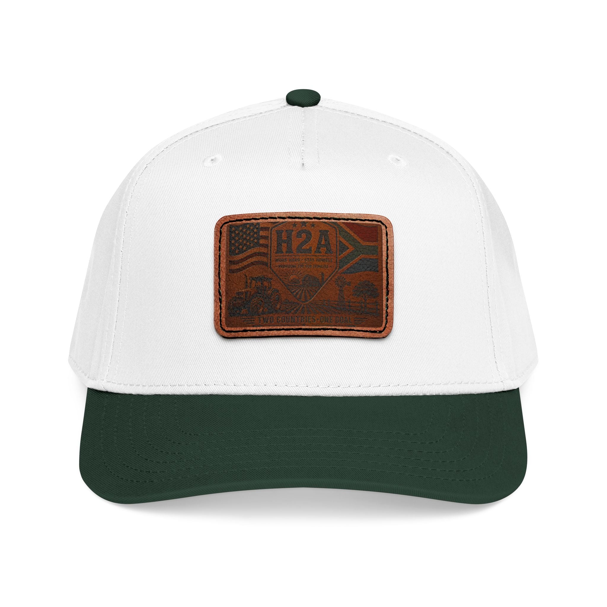 Mid-profile baseball cap in dark green with a rectangular leather H2A vintage flag patch