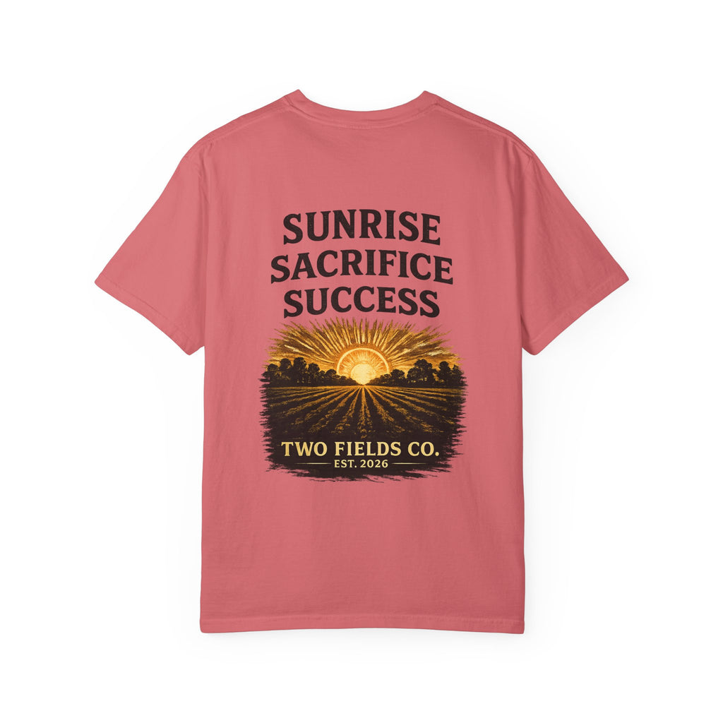 Red short-sleeve T-shirt with Sunrise Sacrifice Success graphic and Two Fields Co. badge