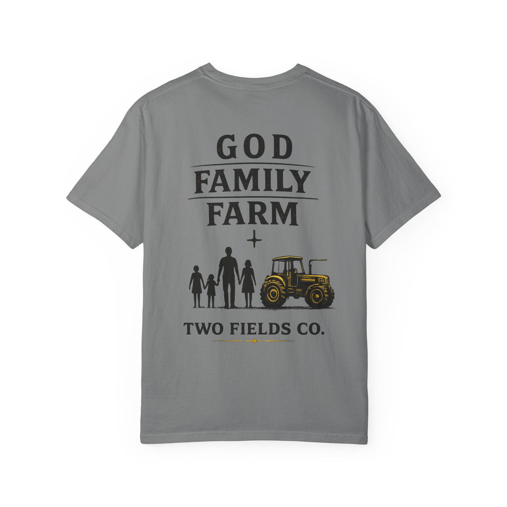 Gray T-shirt with “GOD FAMILY FARM” text and tractor graphic