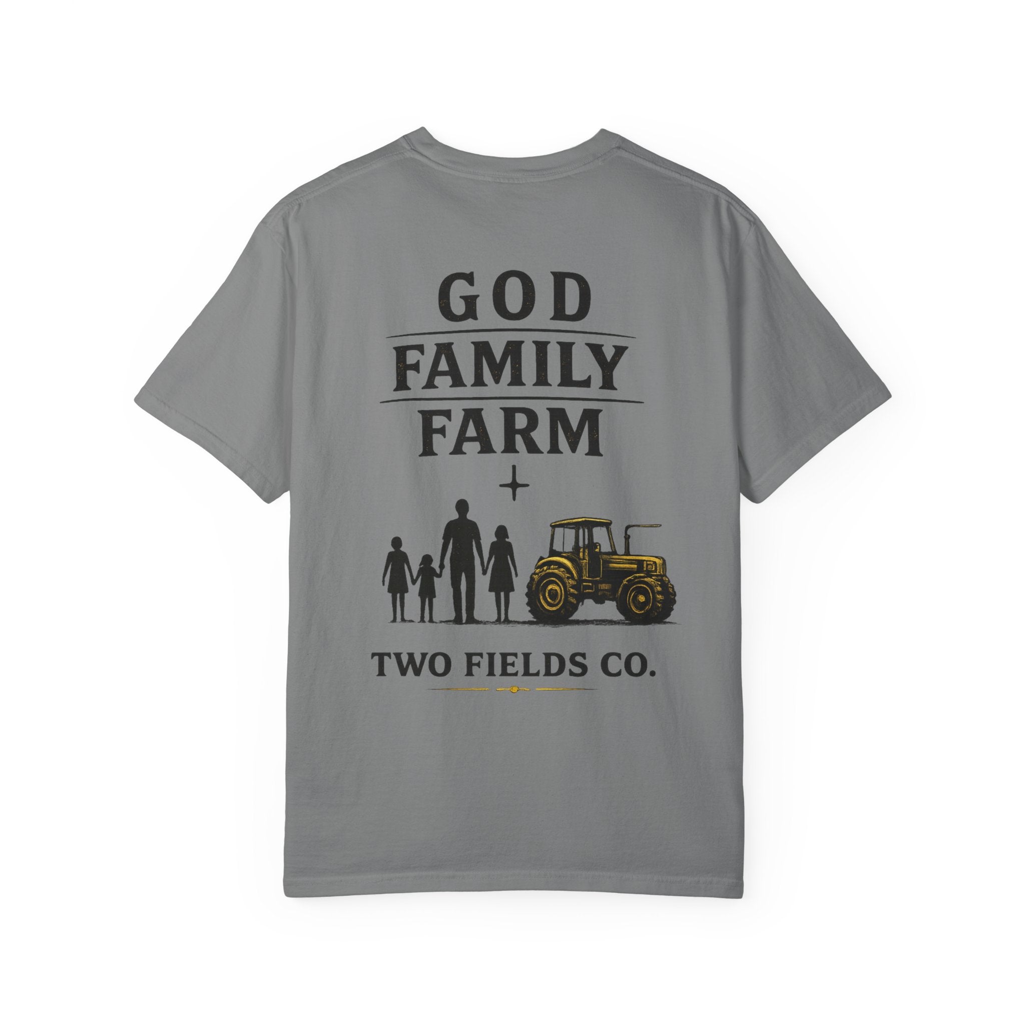 Gray T-shirt with “GOD FAMILY FARM” text and tractor graphic