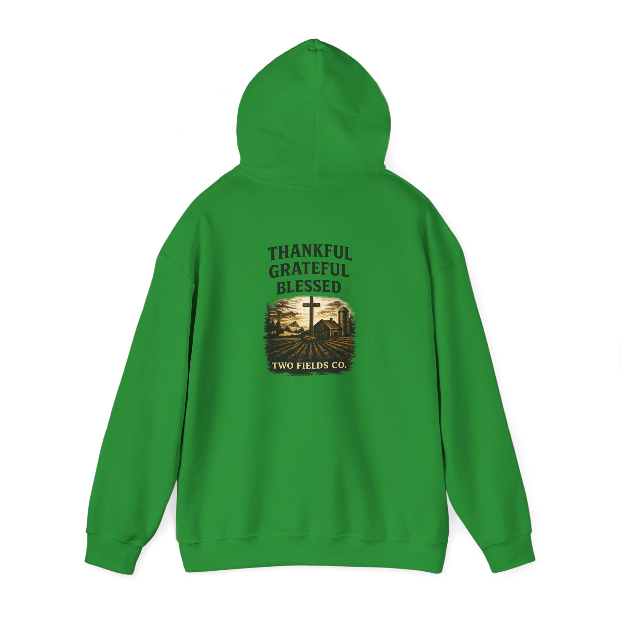 Green Christian cross hoodie with back graphic: thankful, grateful, blessed