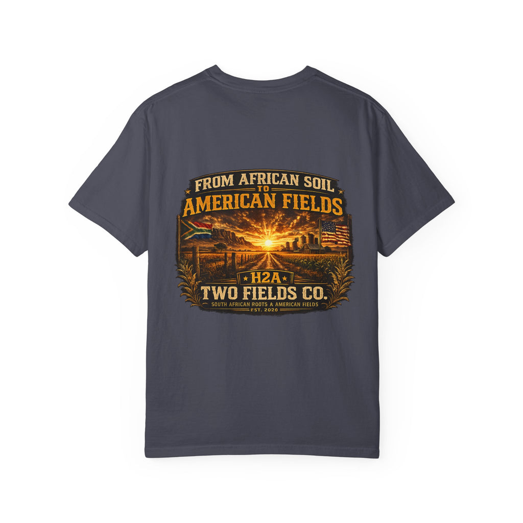Dark t-shirt with large vintage farm sunset graphic and American fields text