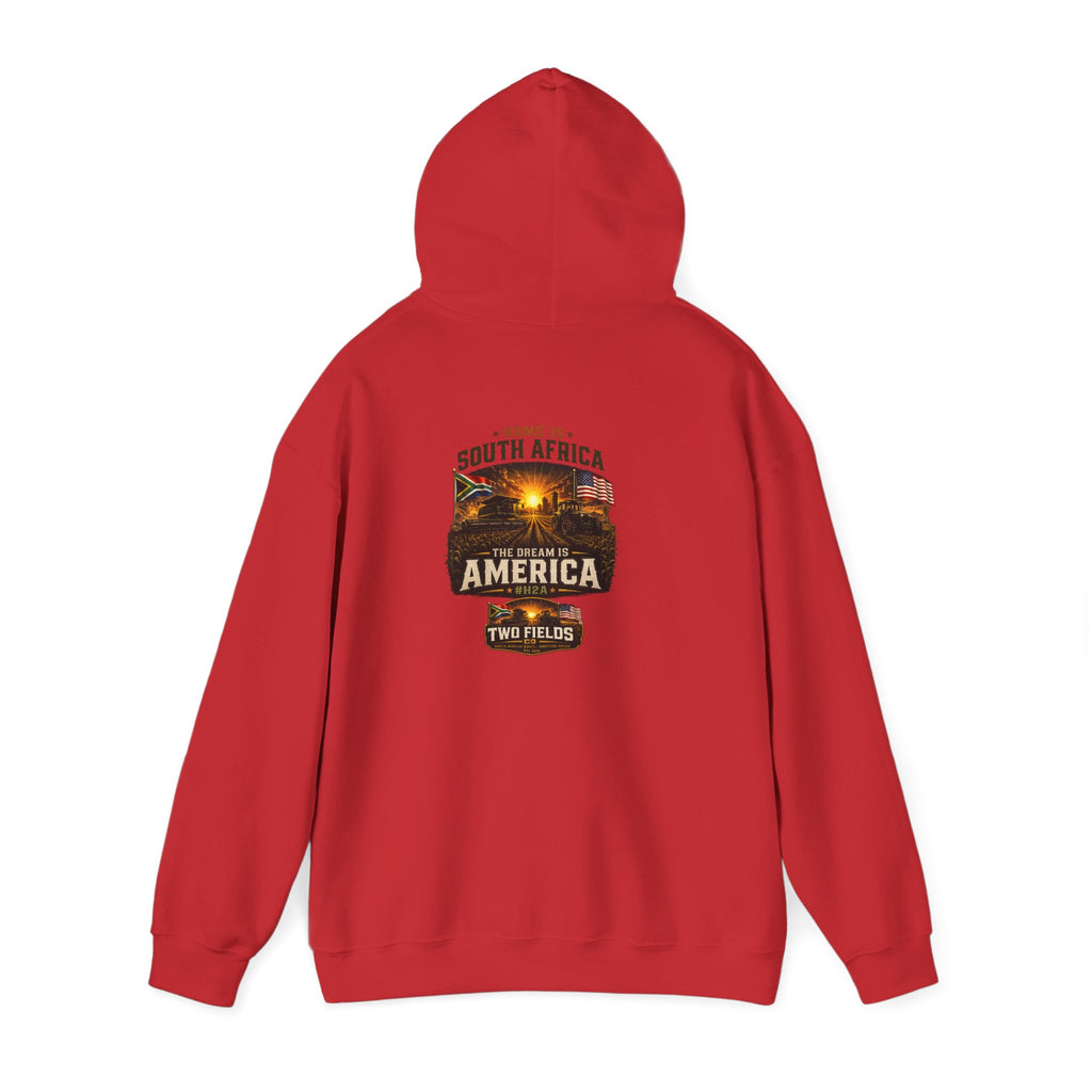 Red pullover hoodie with hood; 'South Africa America' two fields graphic on back