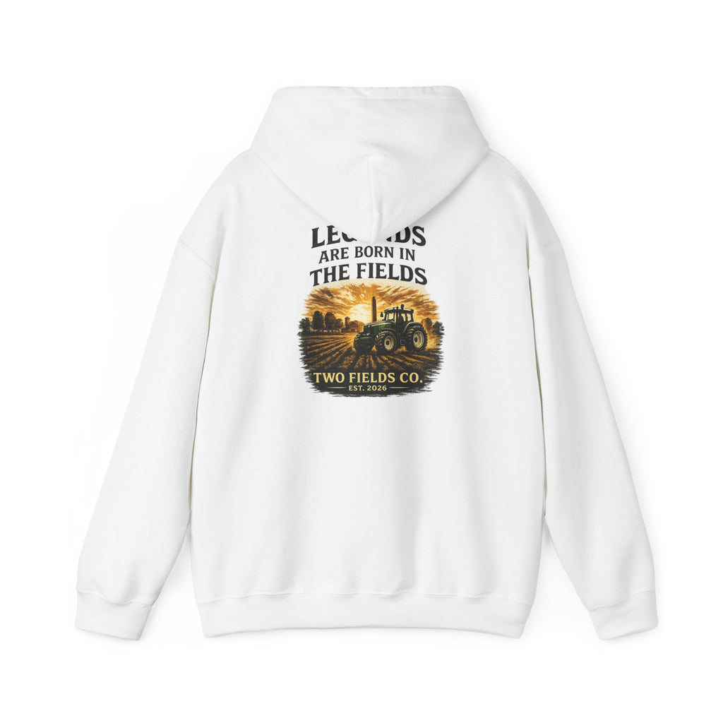 Two Fields white hoodie with large back print and tractor graphic, hooded