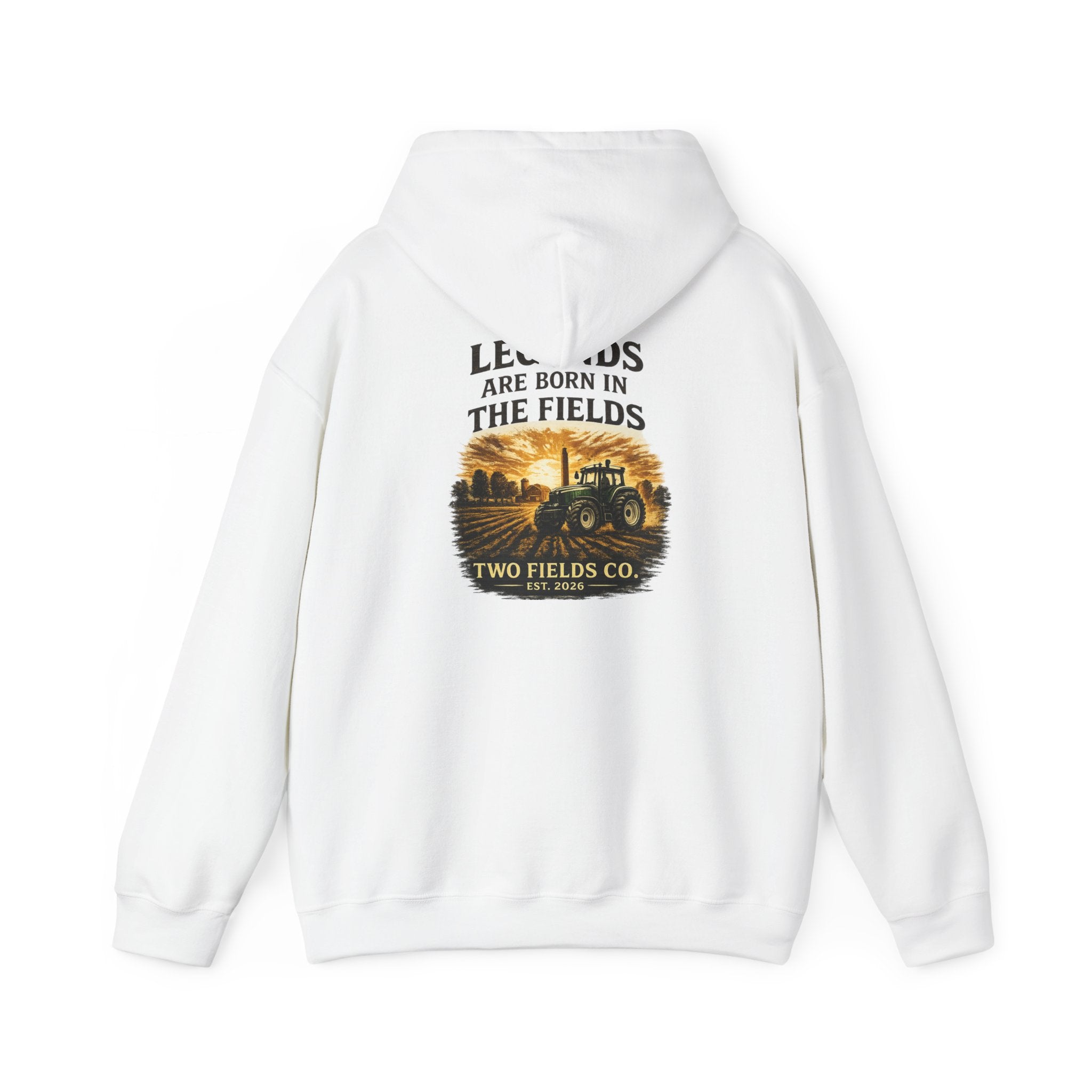 Two Fields white hoodie with large back print and tractor graphic, hooded