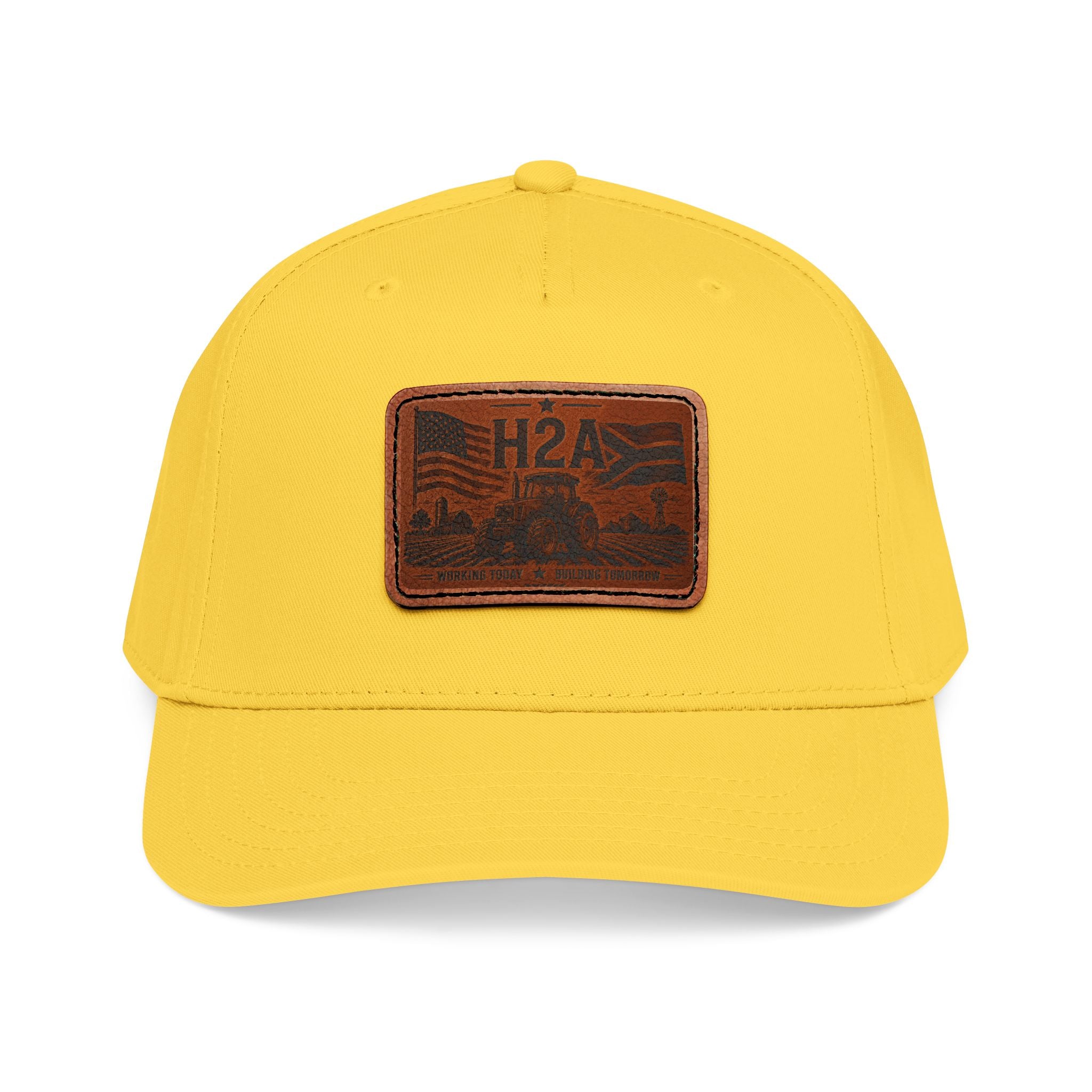 Yellow baseball cap with rectangular H2A leather patch on front