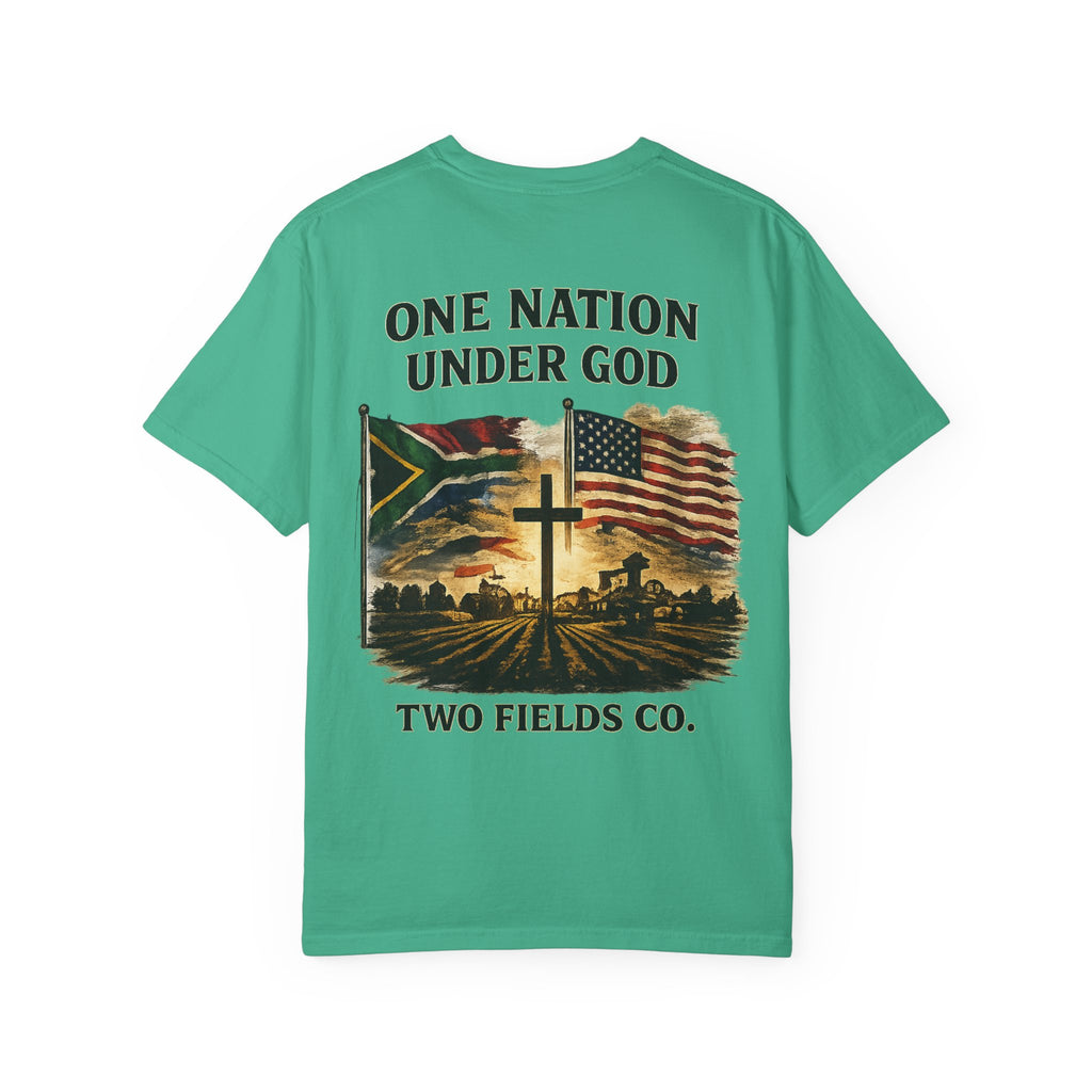 Green crewneck graphic T-shirt with cross, American flag scene, and patriotic slogan print
