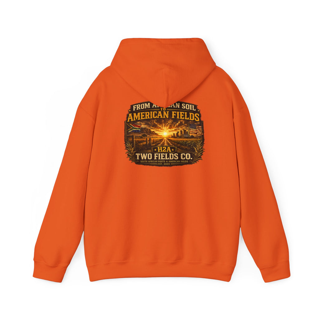 Orange pullover hoodie with vintage logo graphic on the front