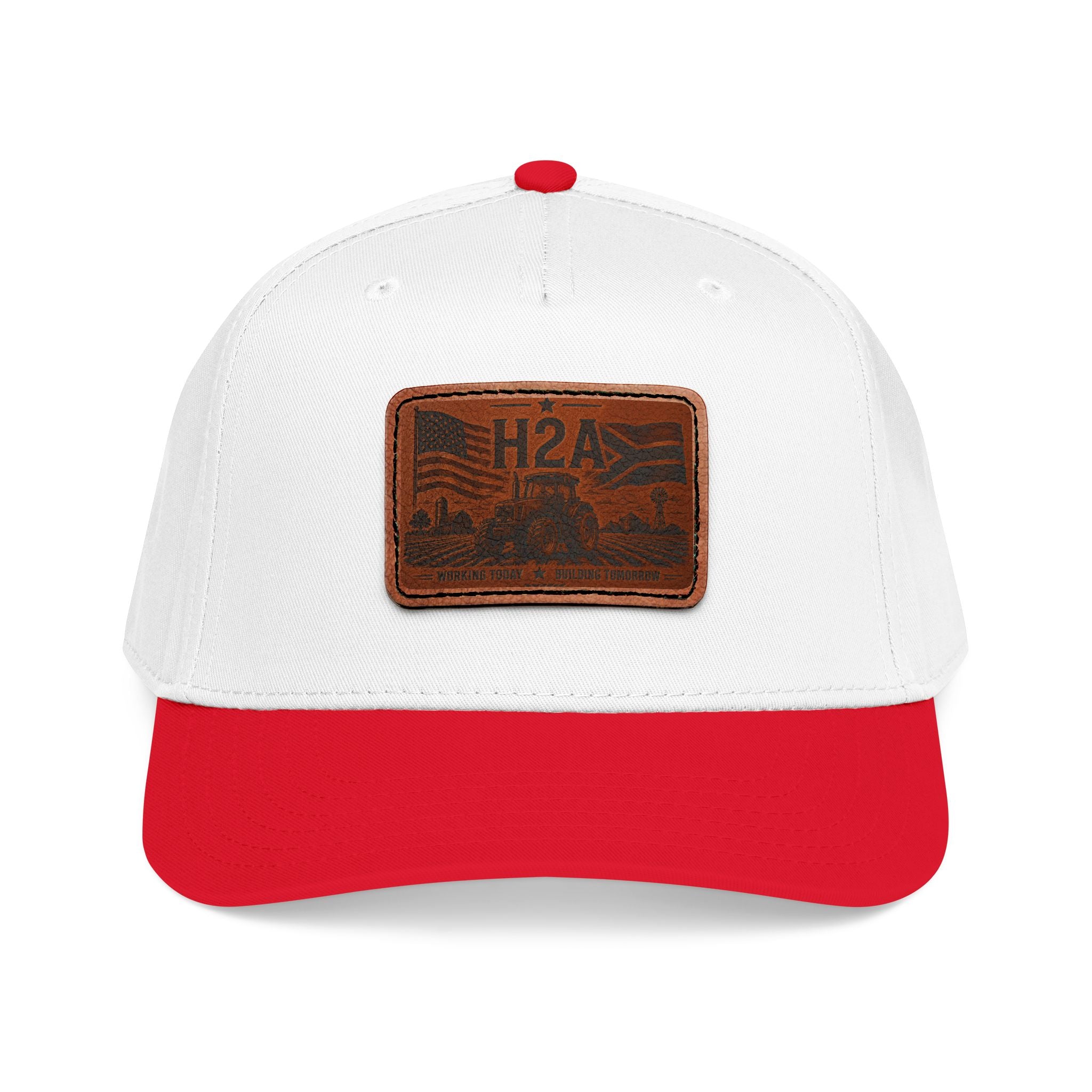 White baseball cap with rectangular H2A patch on the front and red underbrim