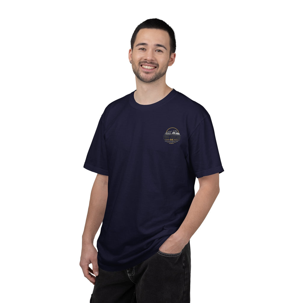 Navy crew-neck T-shirt on model with small chest logo emblem