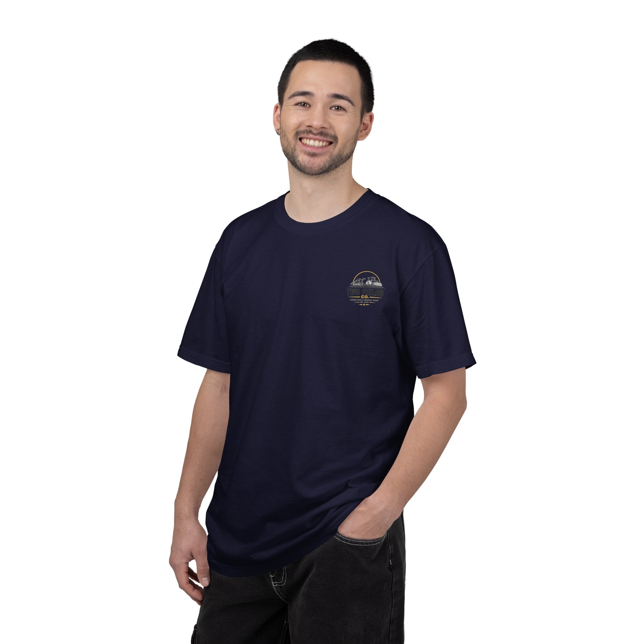 Navy crew-neck T-shirt on model with small chest logo emblem