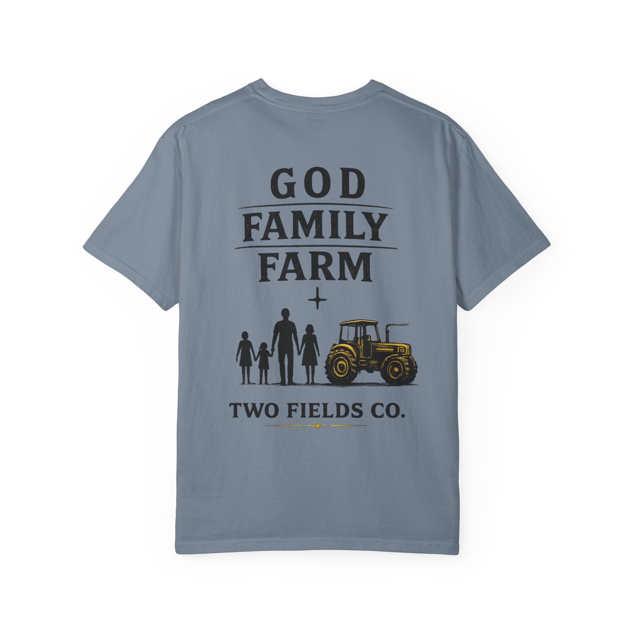 Blue crewneck T-shirt with God Family Farm + tractor family graphic and Two Fields Co. text