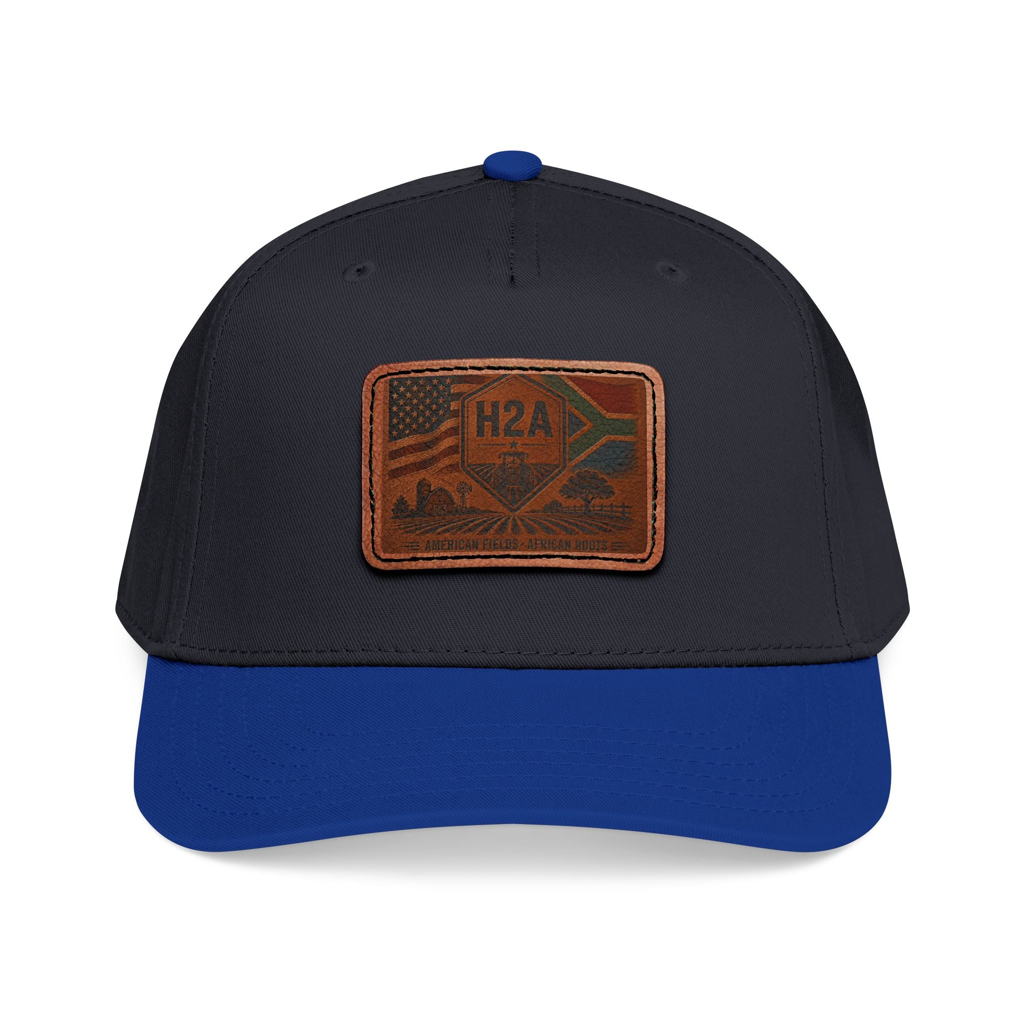 Two-tone baseball cap, black crown with royal blue brim, rectangular H2A patch