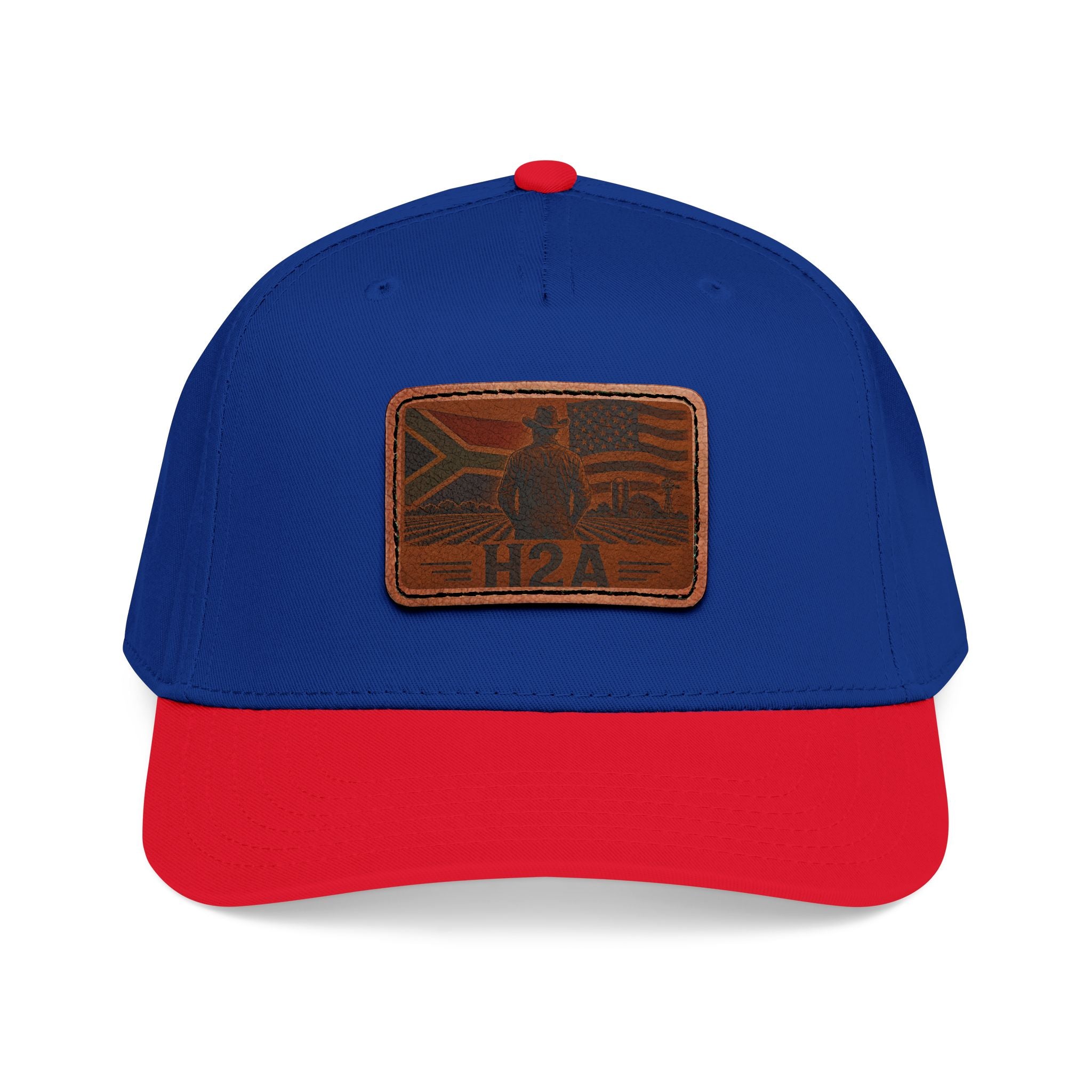 Two-tone leather patch baseball cap in royal blue and red with H2A flag patch