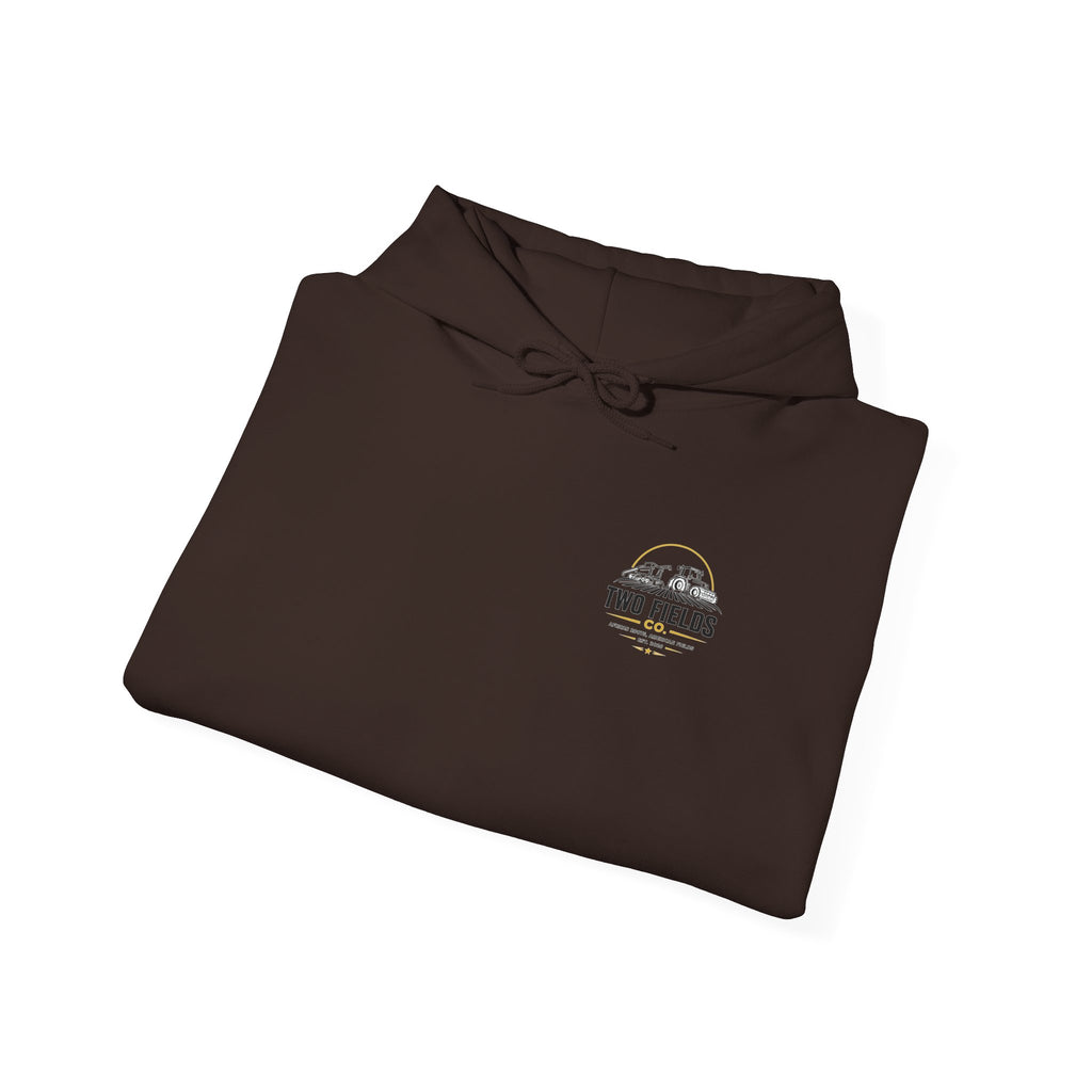 Dark brown pullover hoodie with hood and kangaroo pocket, small chest logo graphic.