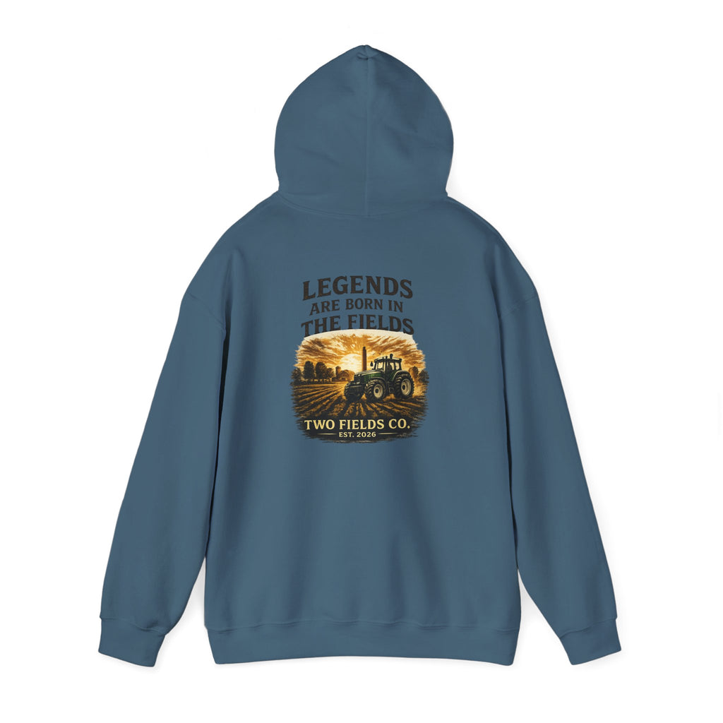 Teal pullover hoodie with hood up and tractor scene graphic on back