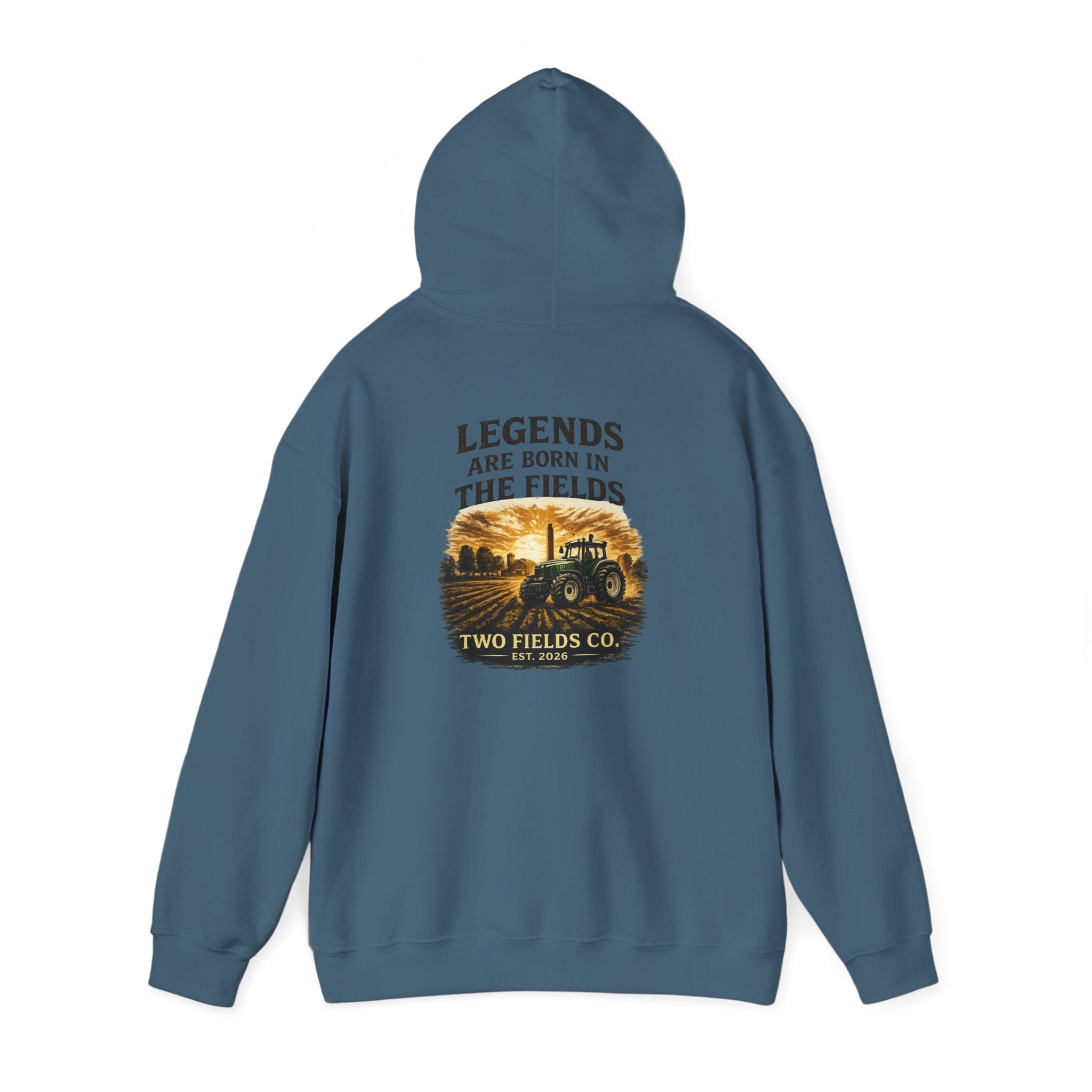 Teal pullover hoodie with hood up and tractor scene graphic on back