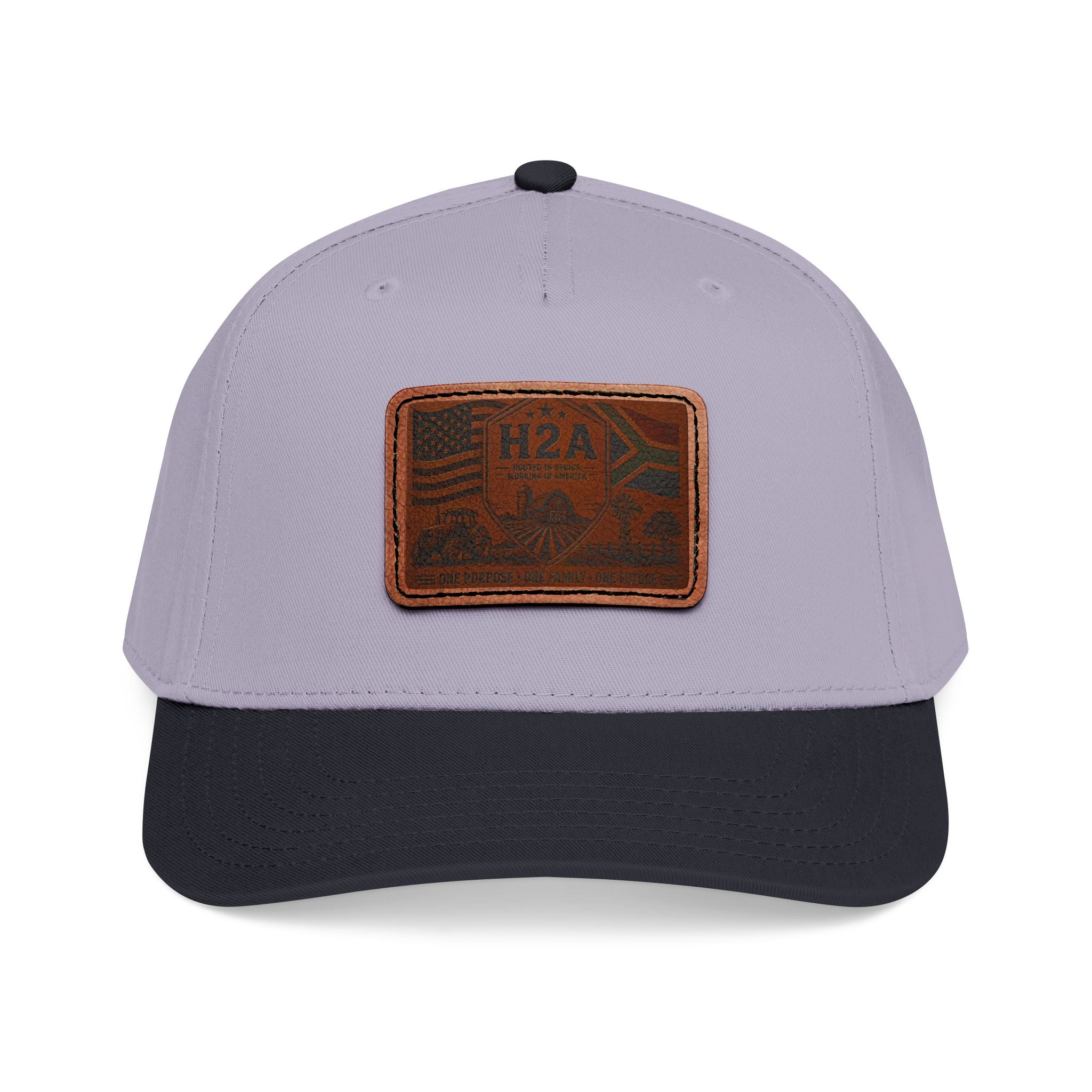 Light gray and dark navy baseball cap with rectangular H2A flag leather patch
