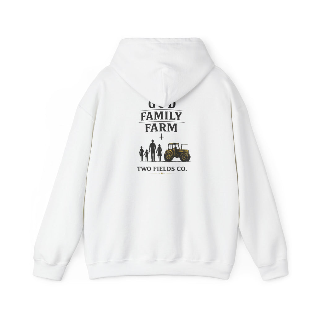 White family farm hoodie with back graphic featuring family silhouettes and tractor