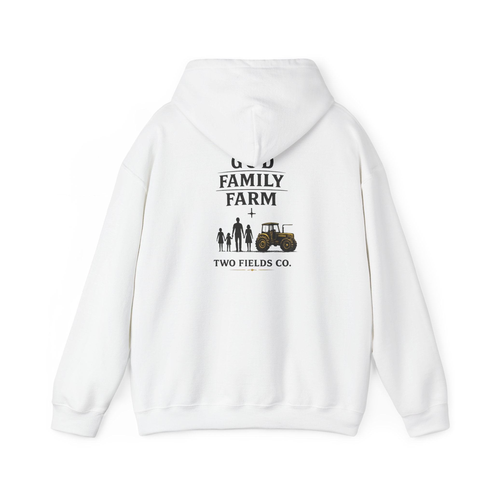White family farm hoodie with back graphic featuring family silhouettes and tractor