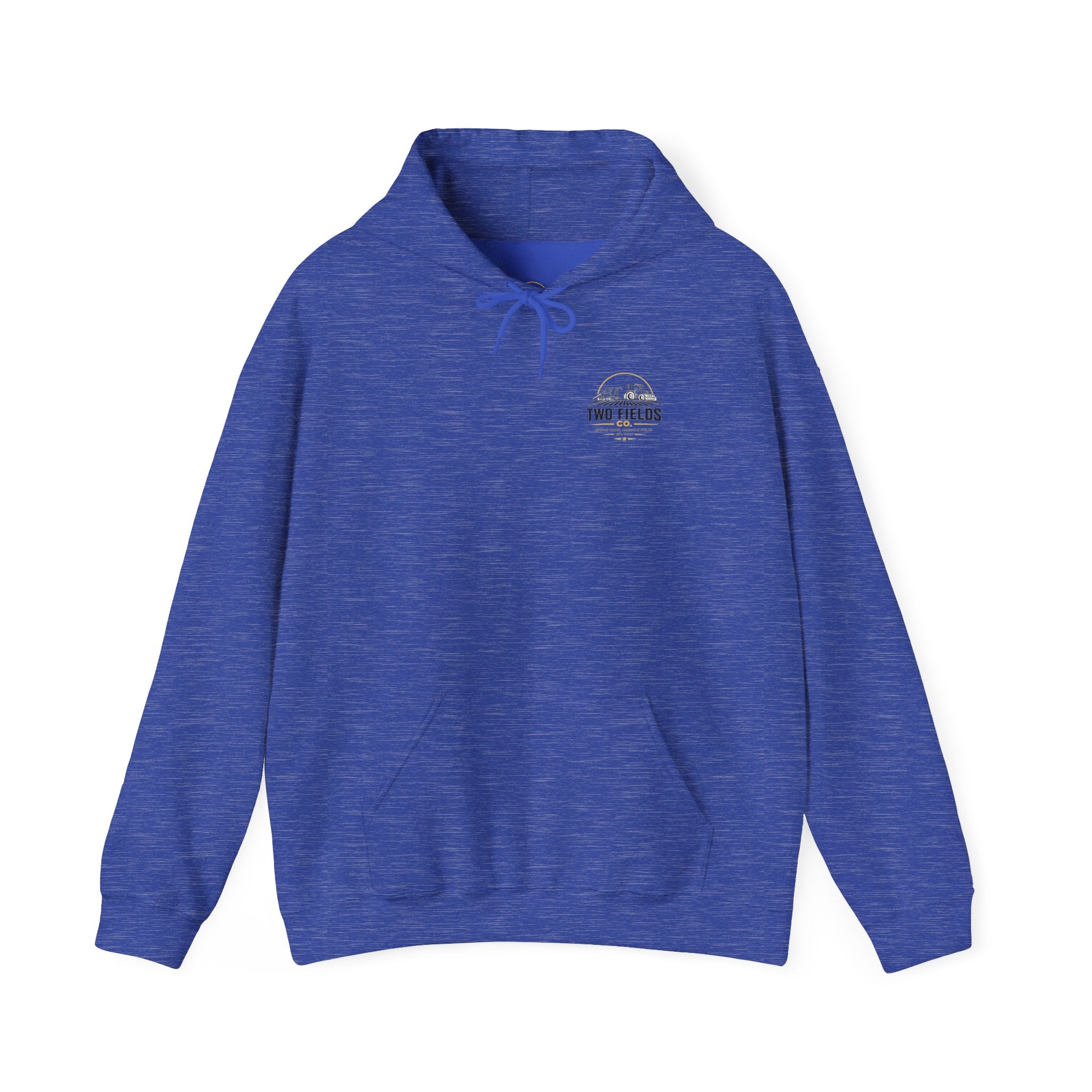 Blue heather pullover hoodie with kangaroo pocket, hood drawstring, and chest logo