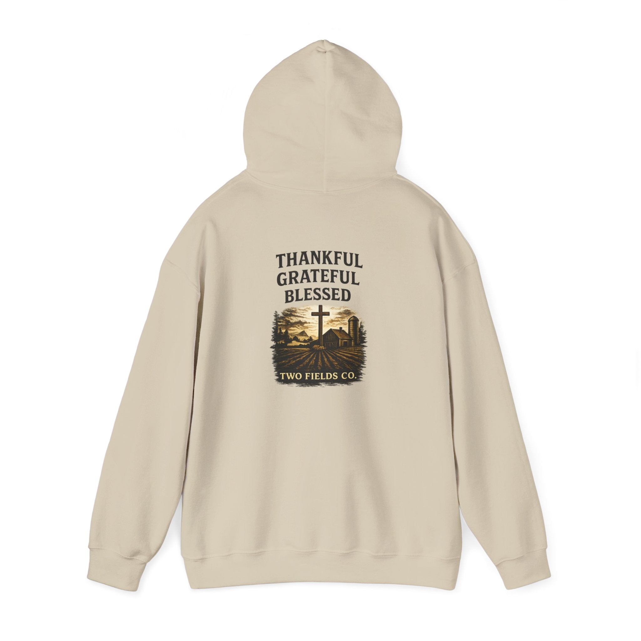 Beige Christian cross hoodie, back print with thankful text and two-field logo