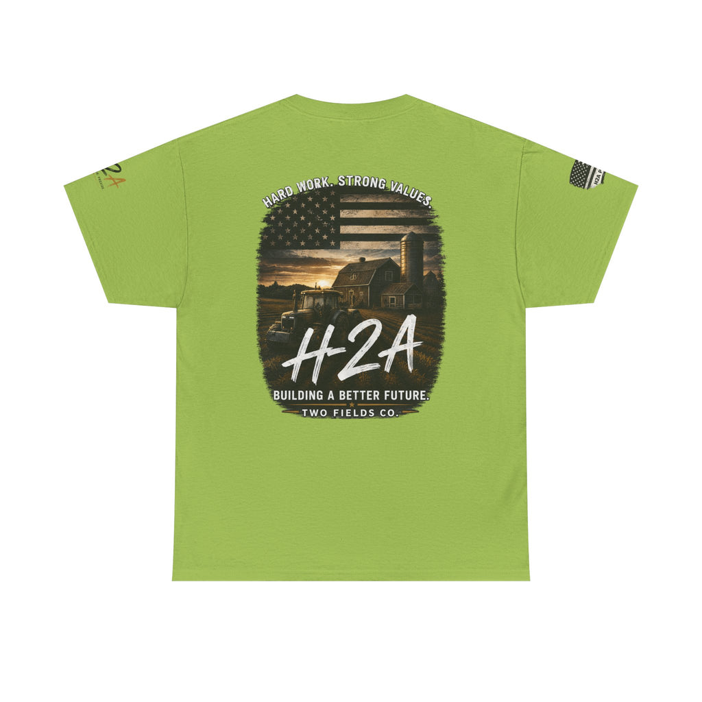 Neon green crew-neck t-shirt with centered back H2A farm and flag print