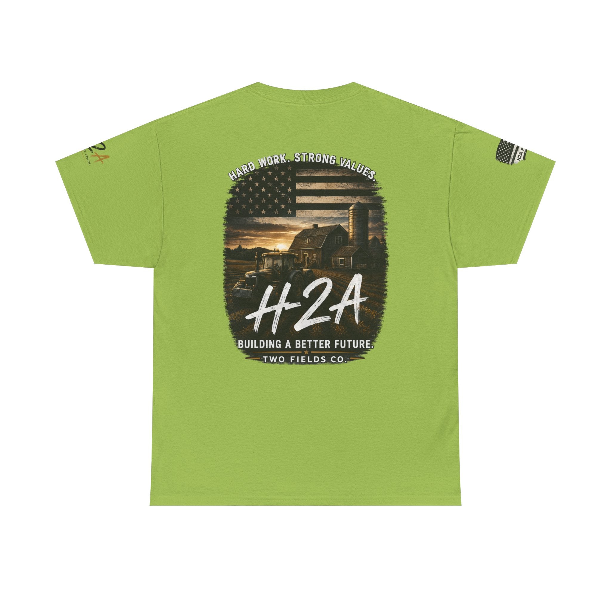 Neon green crew-neck t-shirt with centered back H2A farm and flag print