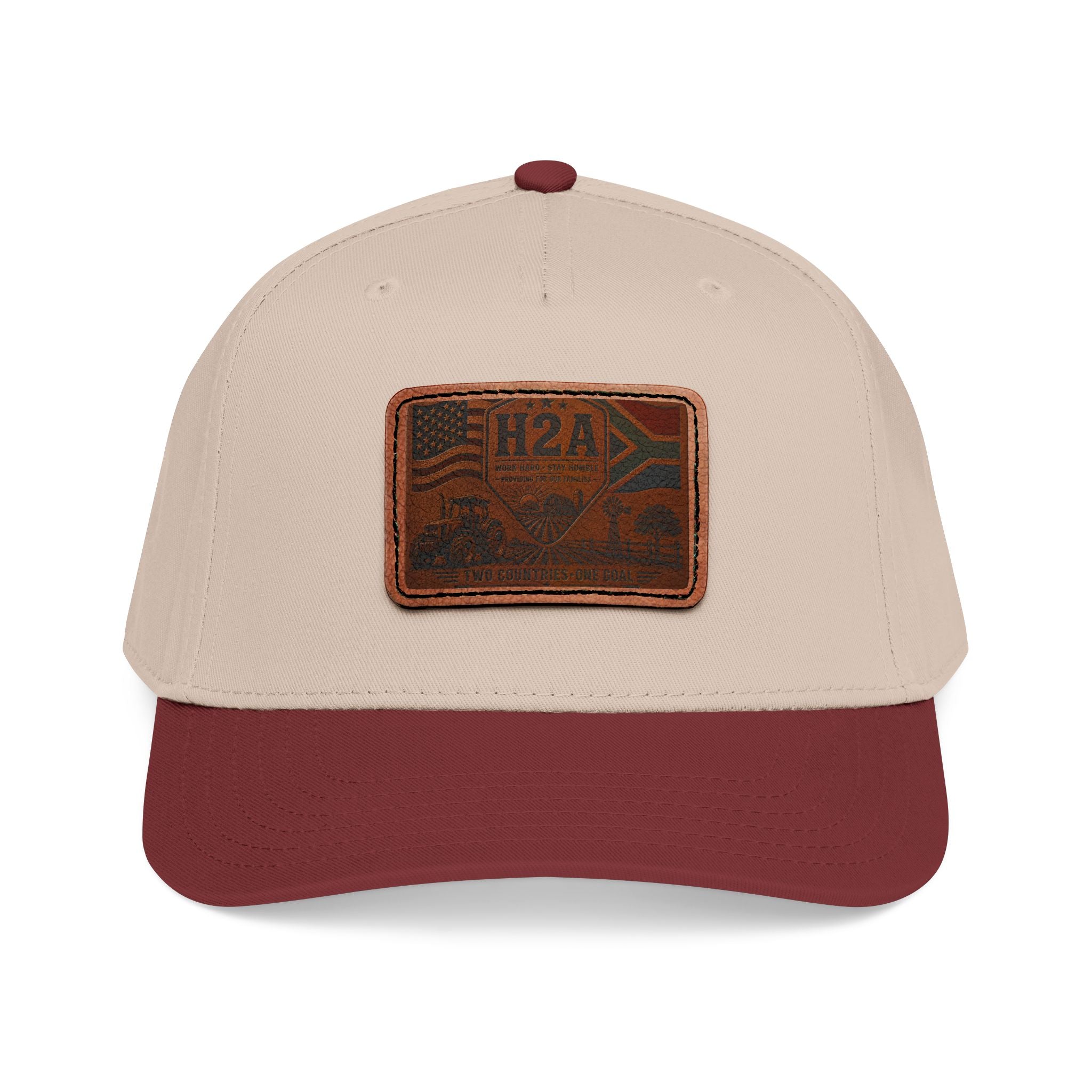 Mid-profile baseball cap in light beige with maroon brim and rectangular H2A leather patch.