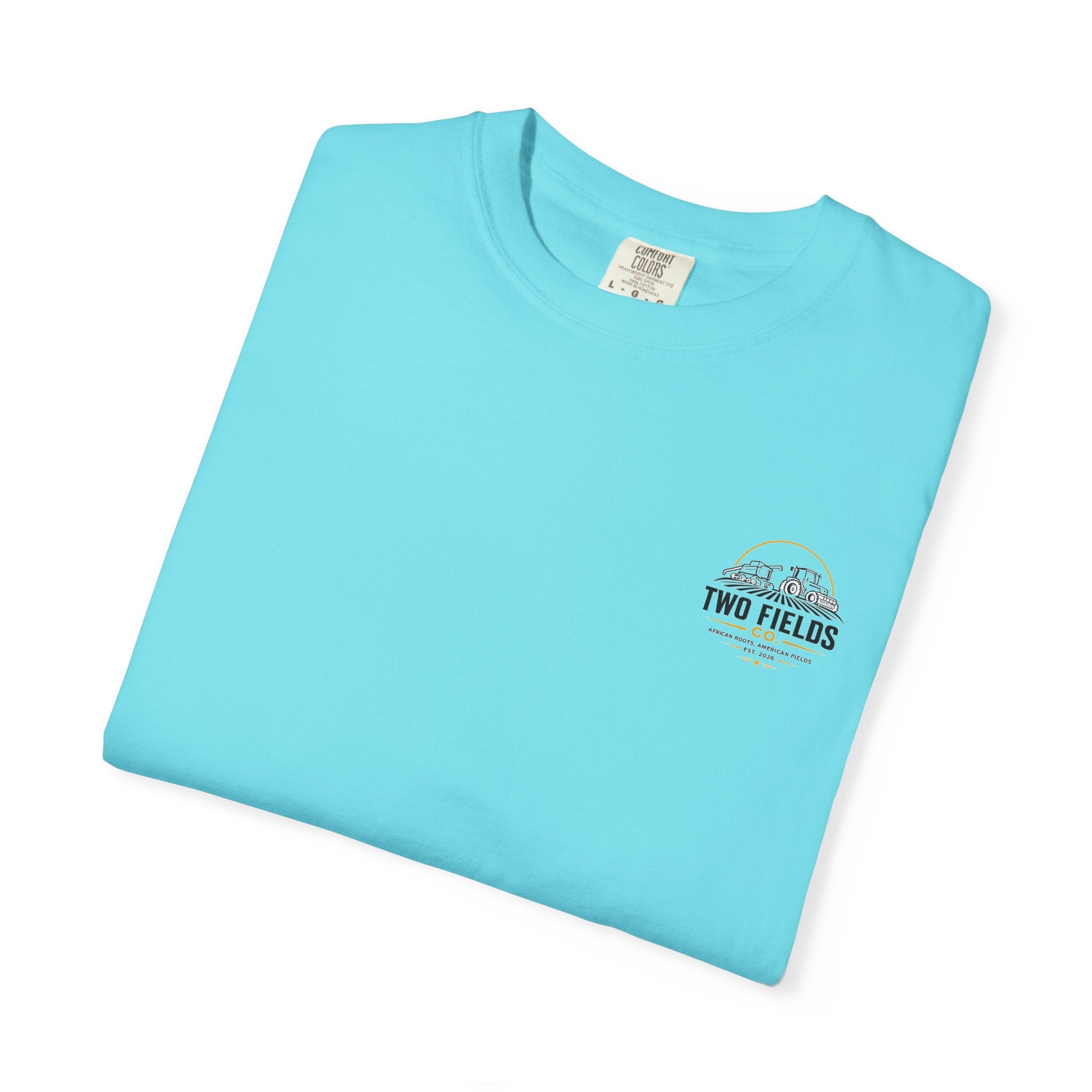 Two Fields tractor T-shirt, turquoise, folded, small chest logo