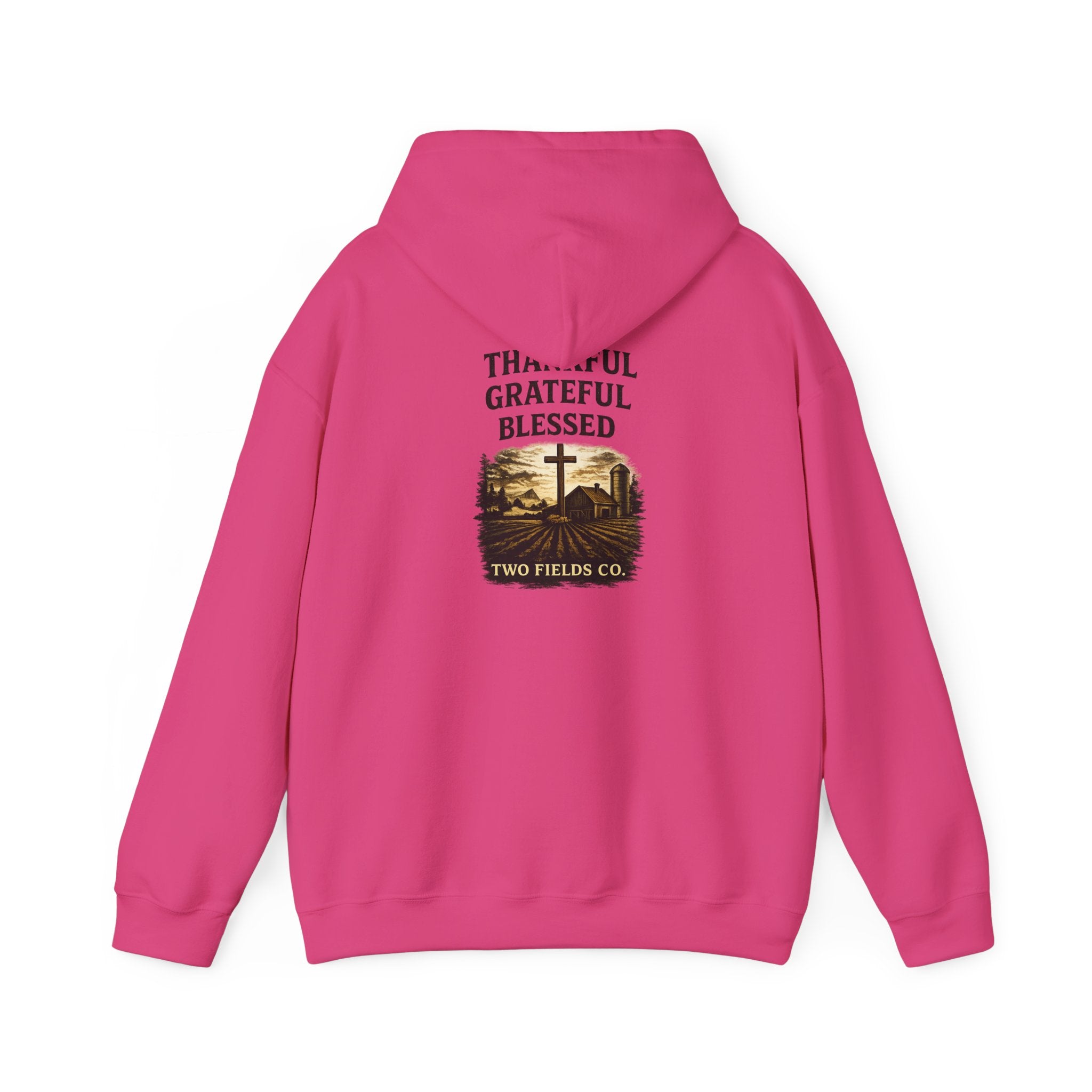 Pink pullover hoodie with hood and back graphic: “Thankful Grateful Blessed”