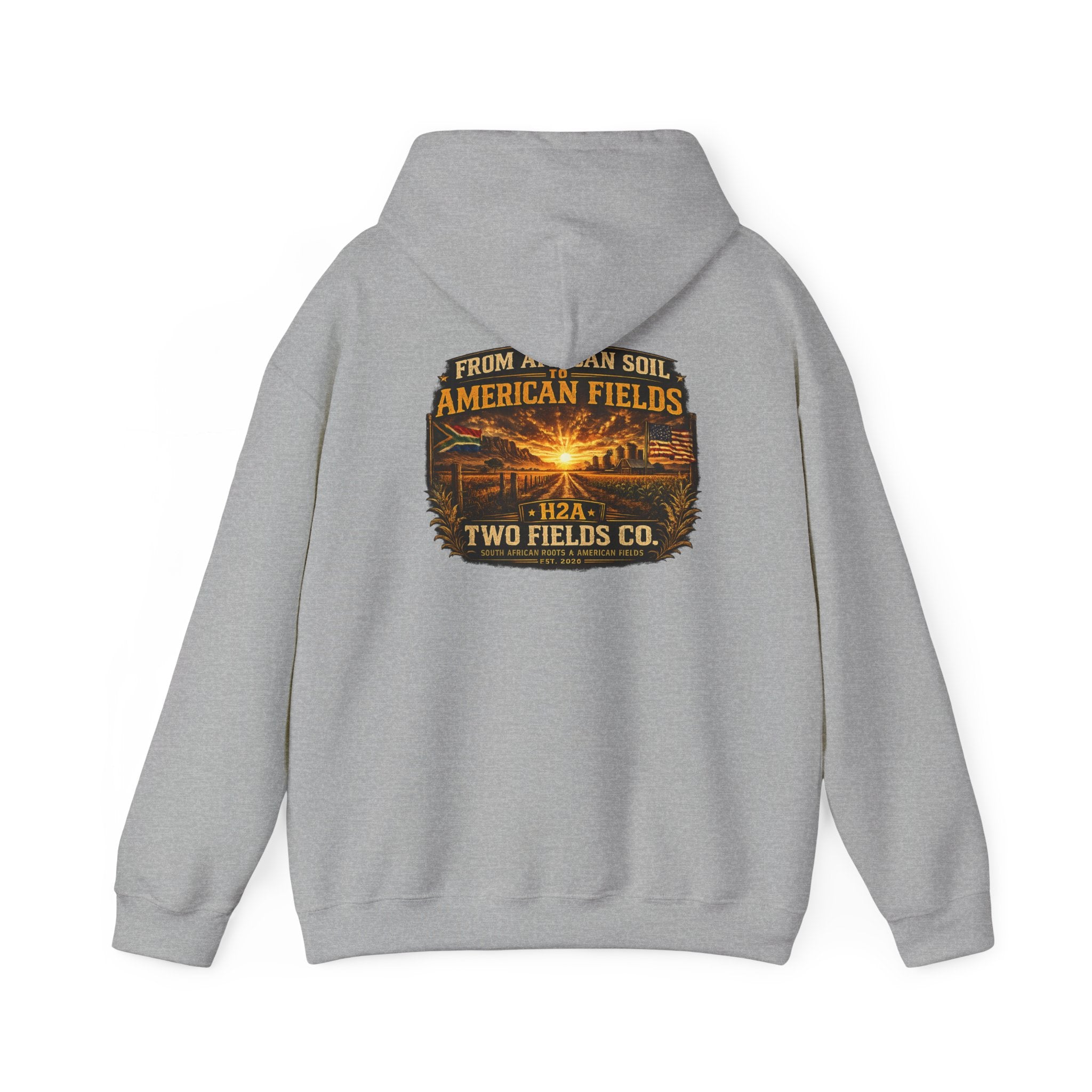 Heather gray pullover hoodie with vintage logo graphic on the front
