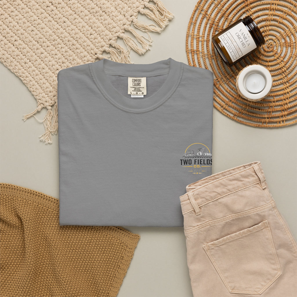 Olive T-shirt with small Two Fields Co. logo on chest