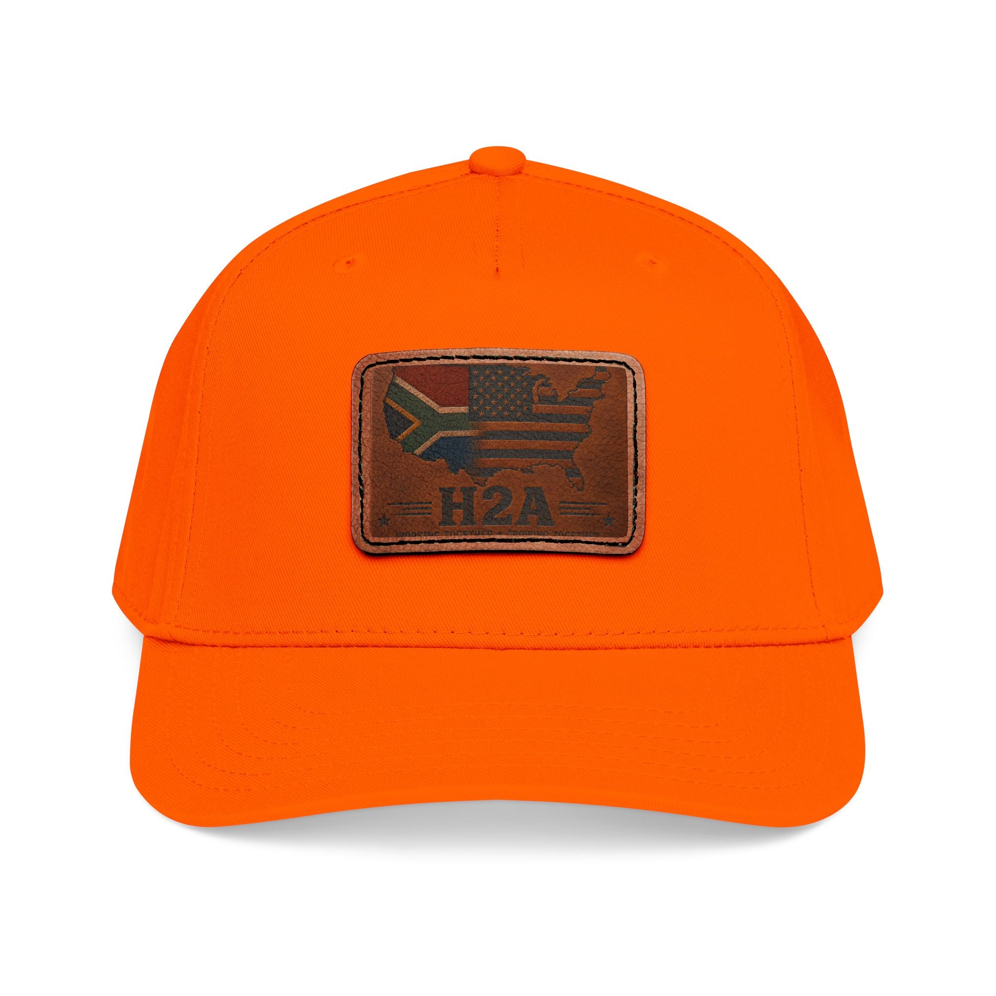 Bright orange baseball cap with rectangular leather patch and H2A flag design