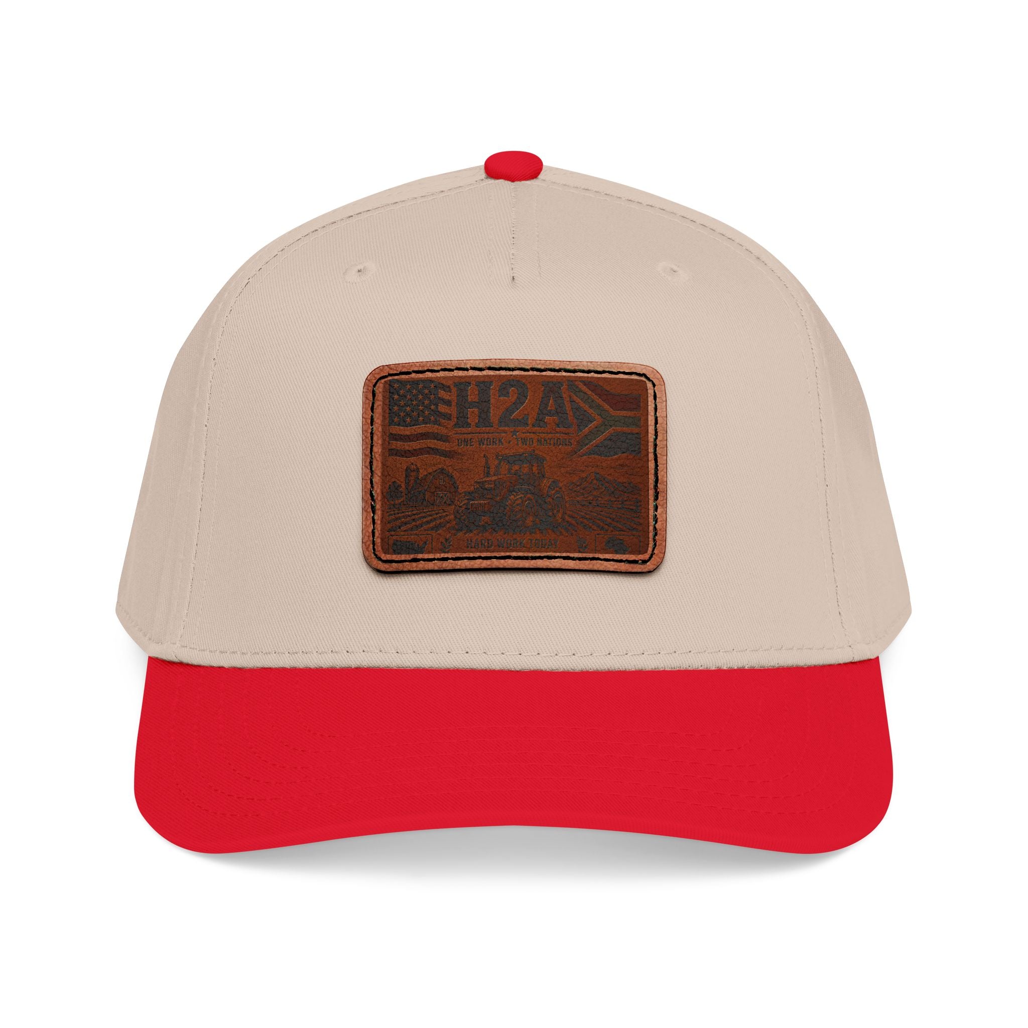 Leather patch baseball cap with rectangular H2A vintage truck patch; beige crown, bright red brim