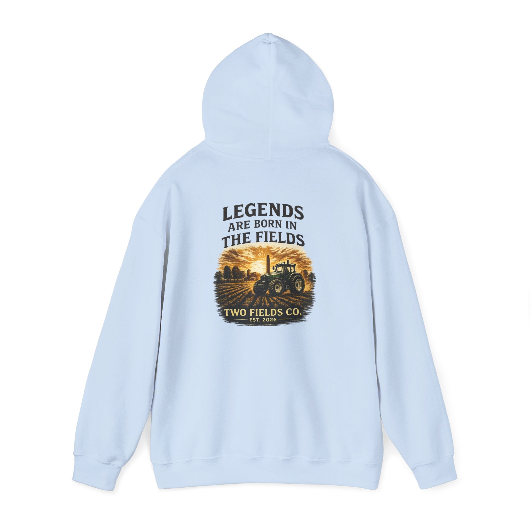 Light blue pullover hoodie with tractor field graphic on the back and drawstring hood