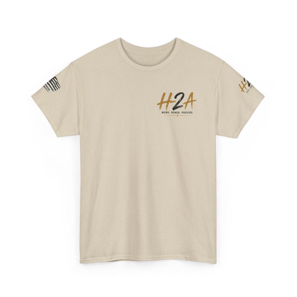 Sand H2A farming T-shirt with small H2A logo on front