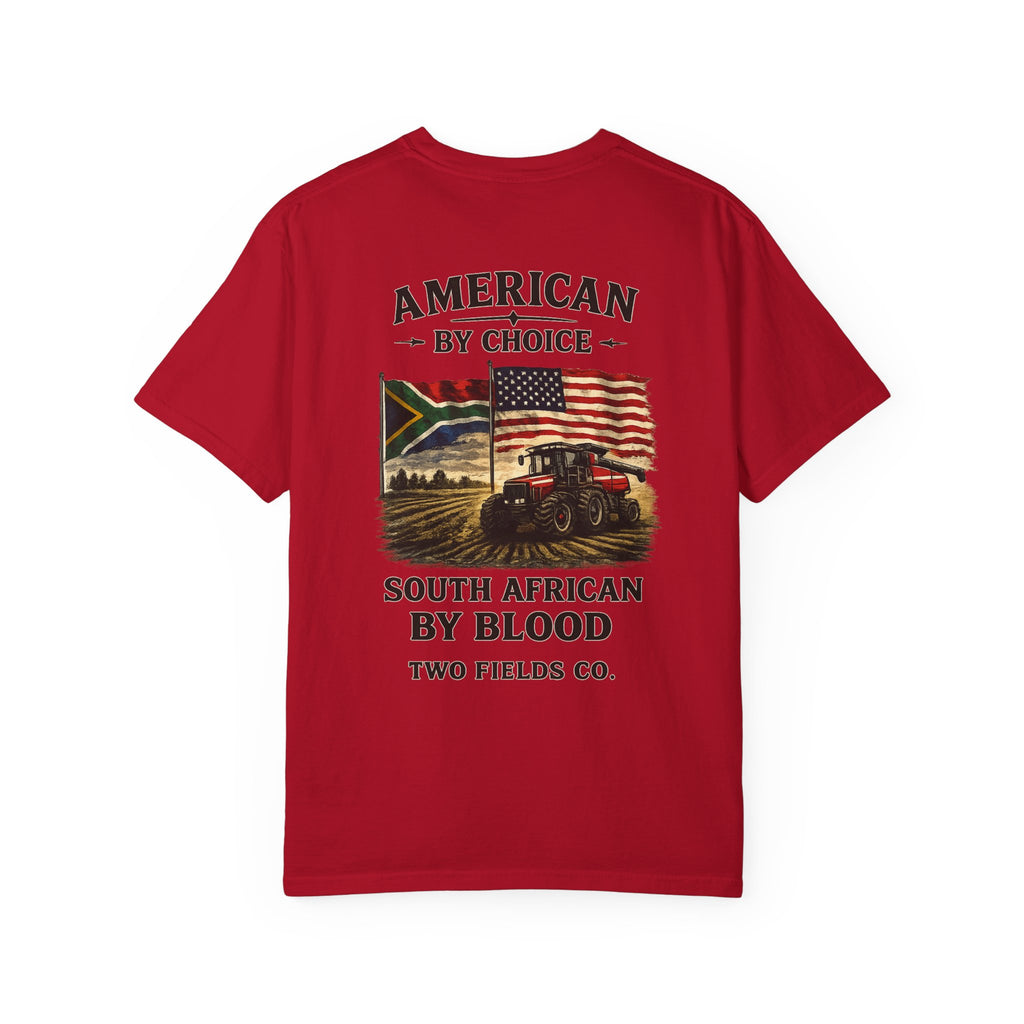 Red graphic T-shirt with American by Choice South African by Blood text and emblem