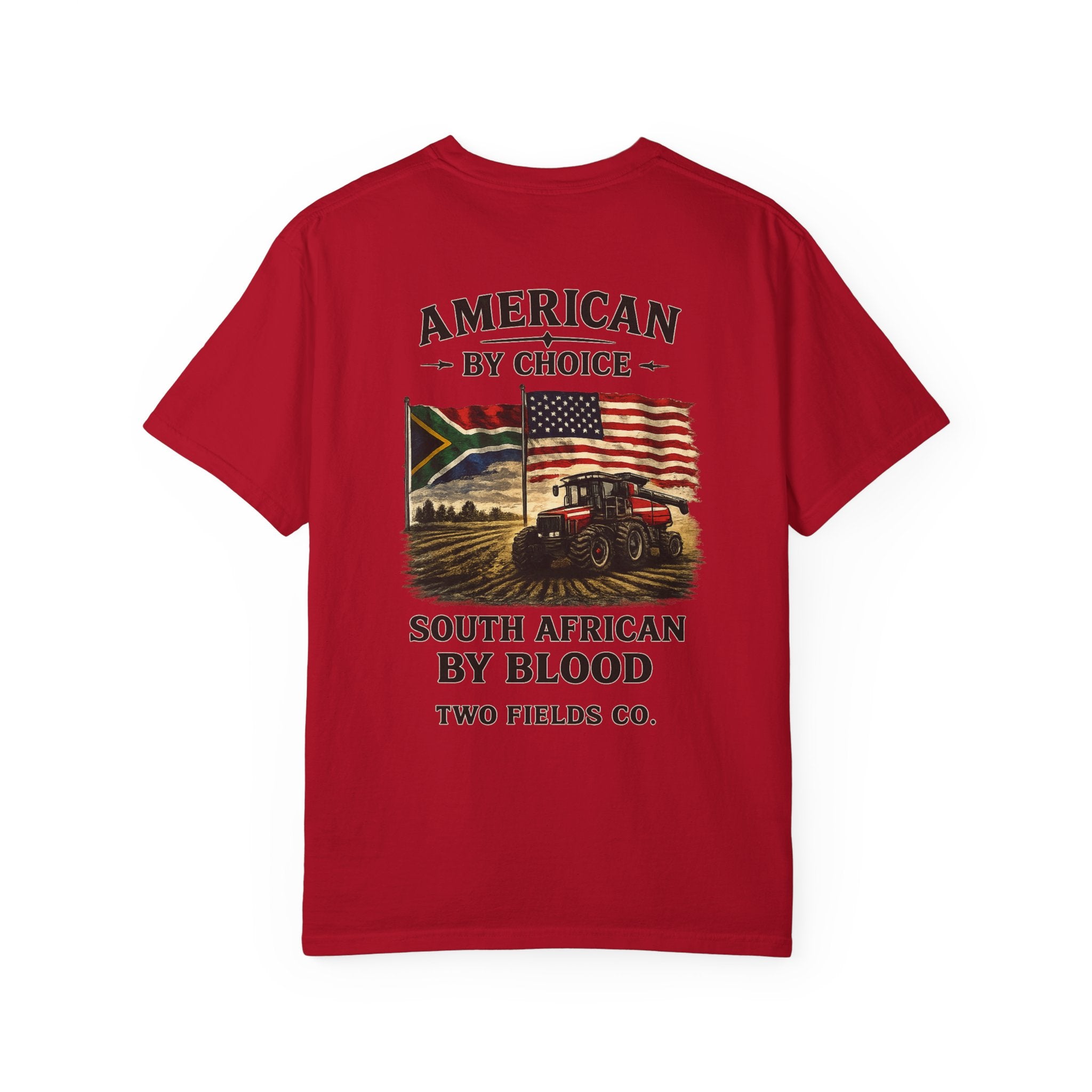 Red graphic T-shirt with American by Choice South African by Blood text and emblem