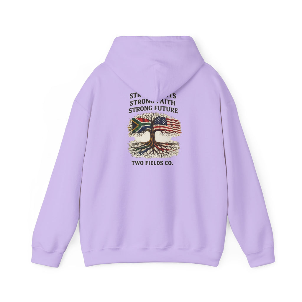 Light purple hoodie with front graphic text and tree-and-American-flag patch