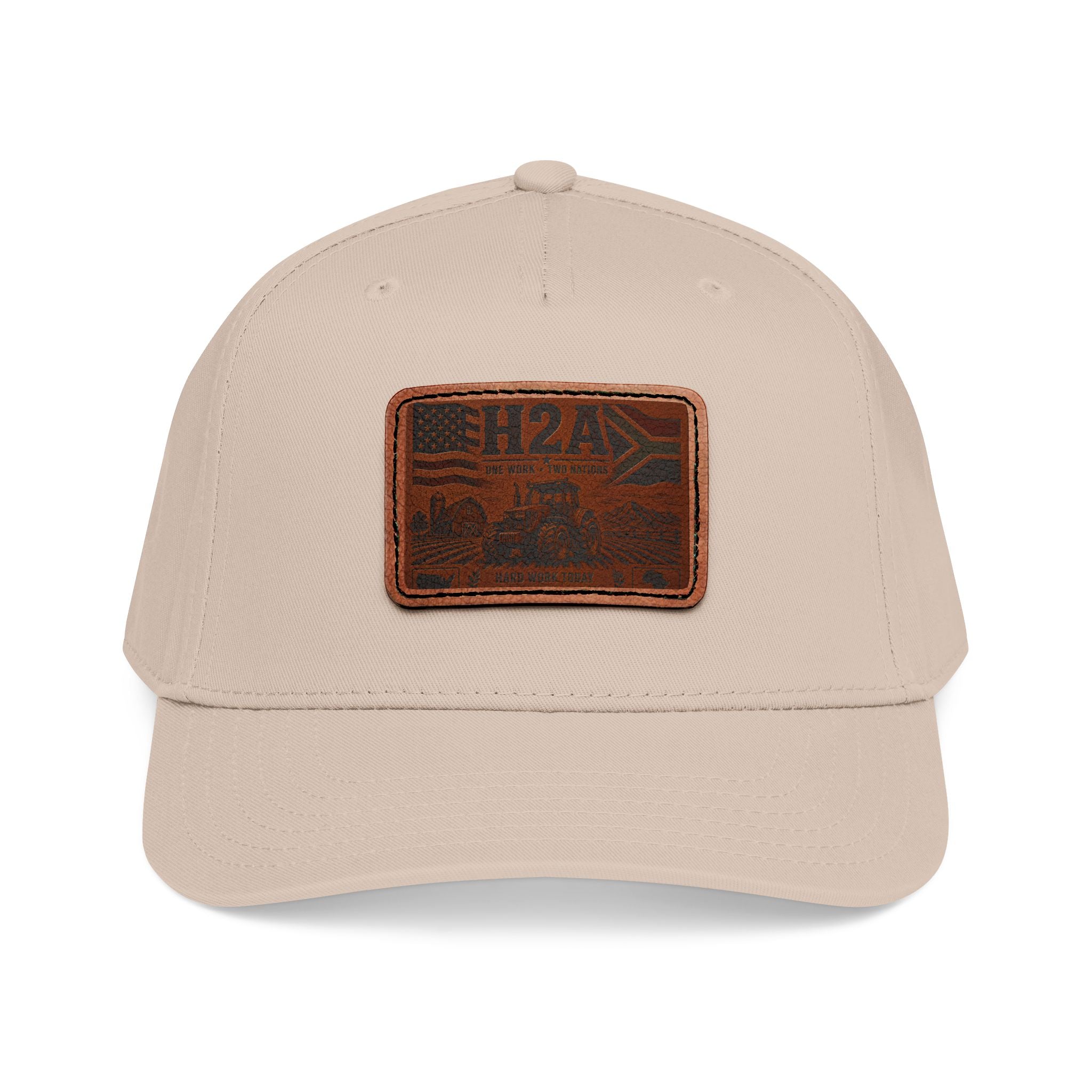 Leather patch baseball cap with rectangular H2A vintage truck patch; light beige all around