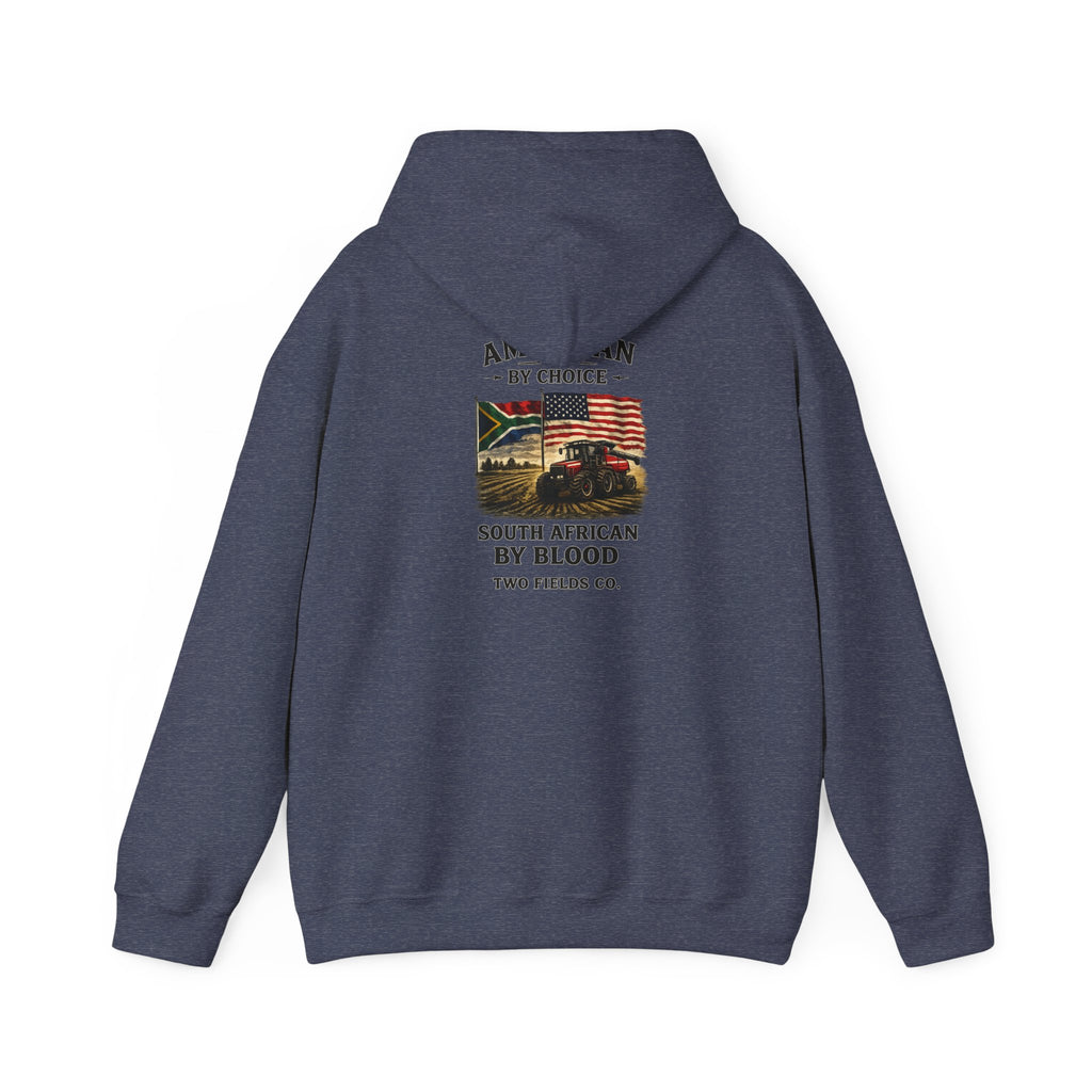 Dark charcoal pullover hoodie, back view with graphic text and flag-style emblem
