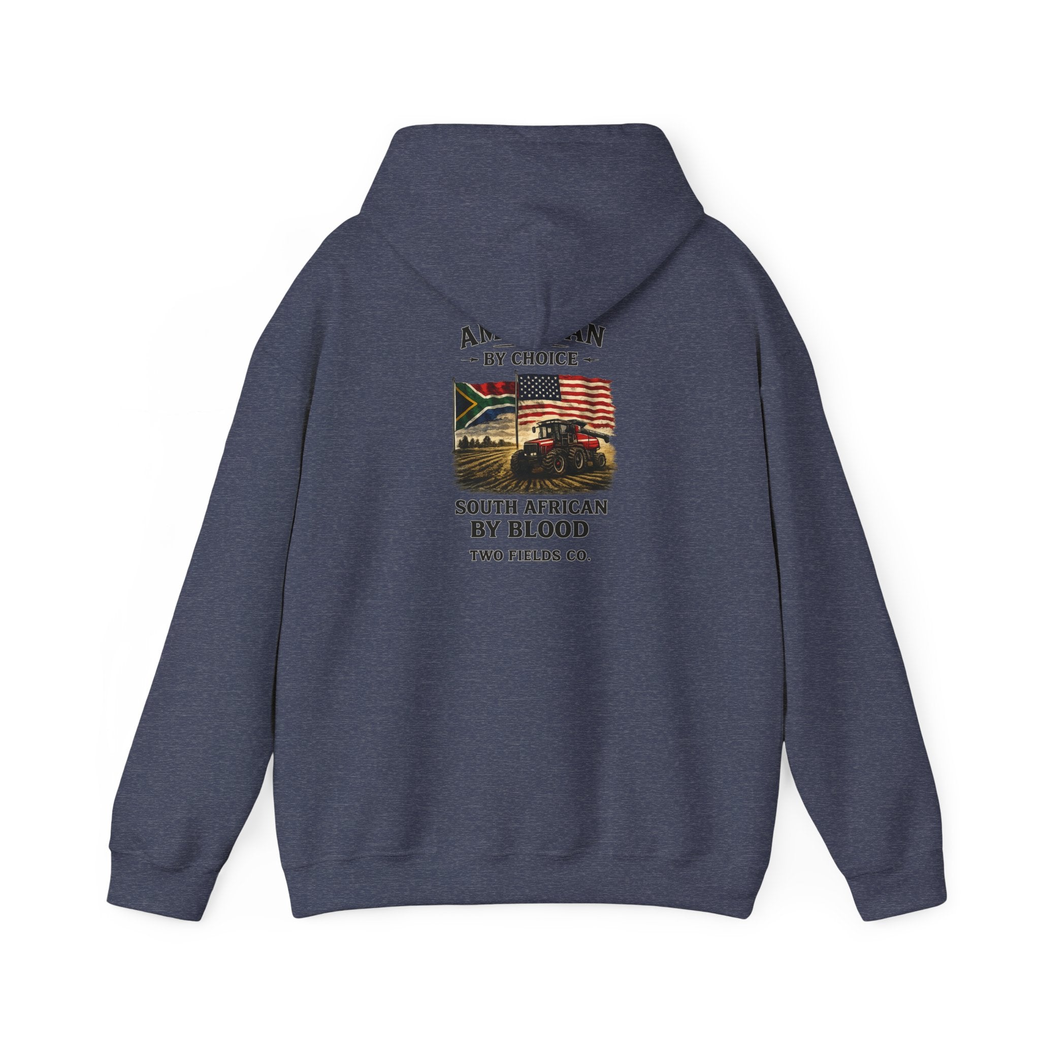 Dark charcoal pullover hoodie, back view with graphic text and flag-style emblem
